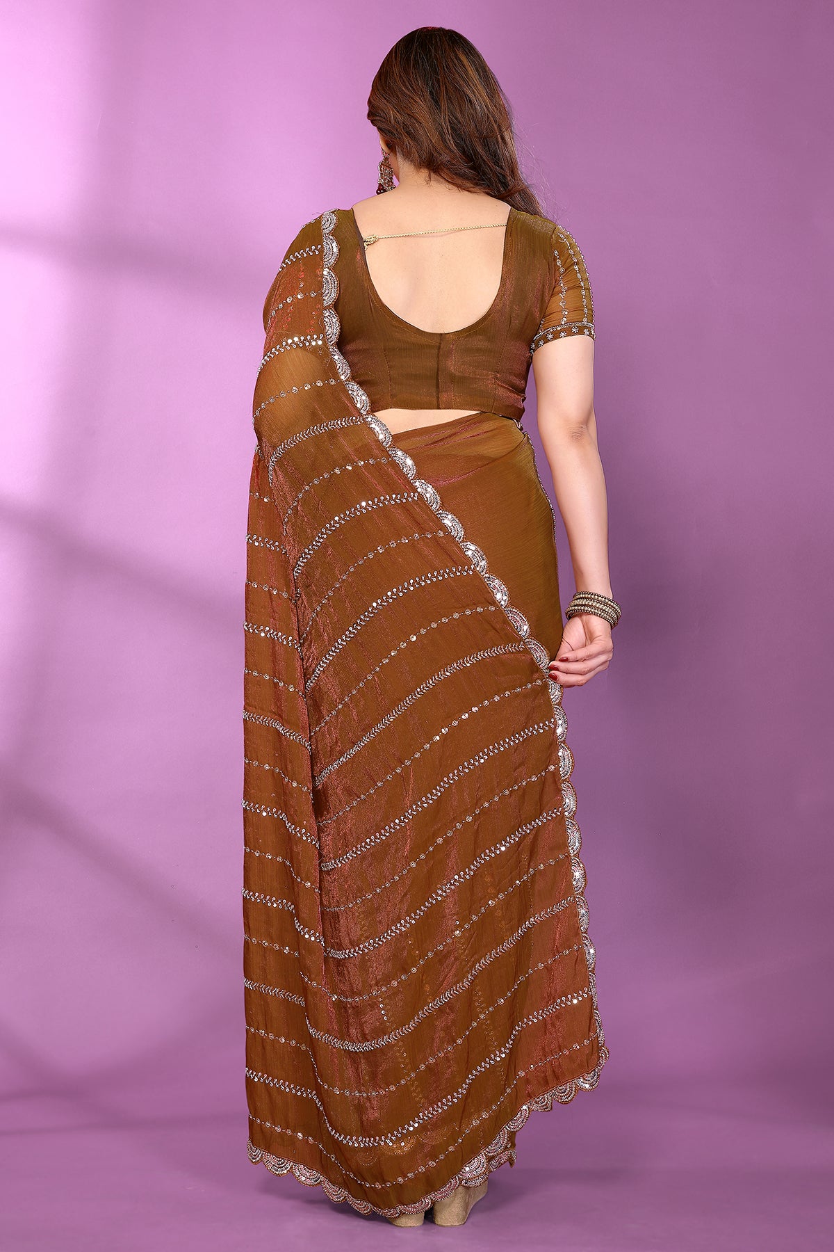 Brown Silk Satin Beaded Saree