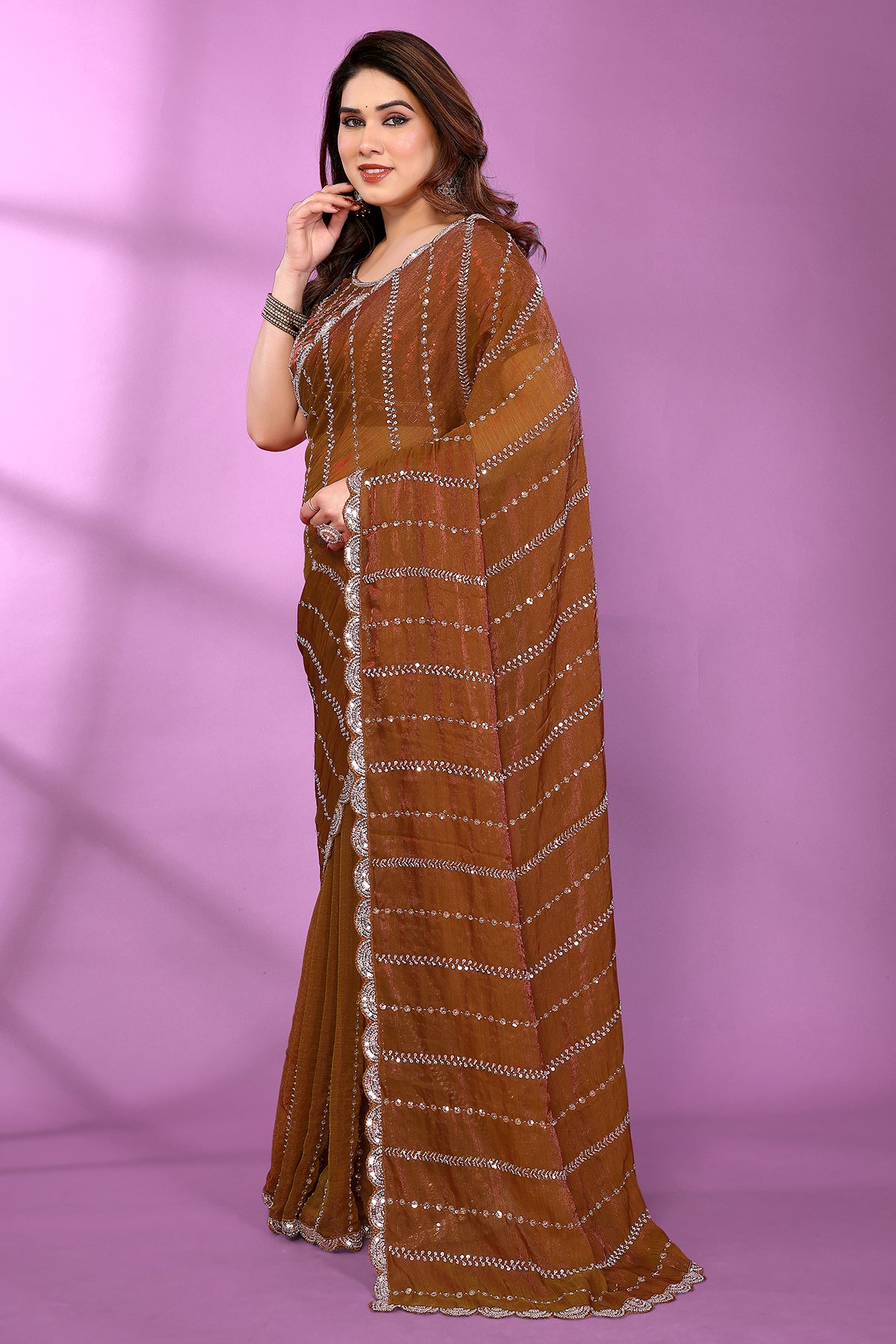 Brown Silk Satin Beaded Saree