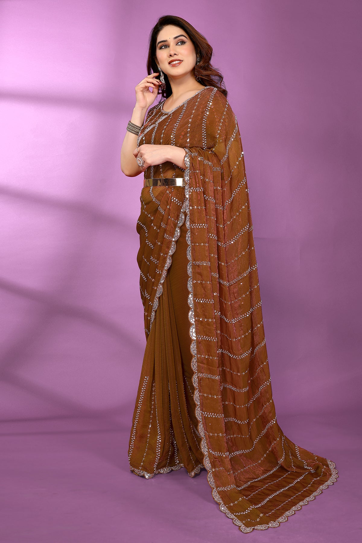 Brown Silk Satin Beaded Saree