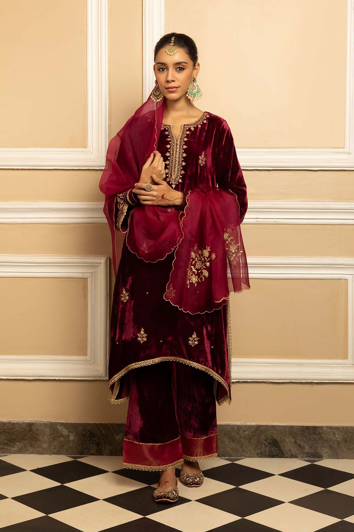 Buy Brown Silk Velvet Kurta Set by Dohr India for women online at ScrollnShops