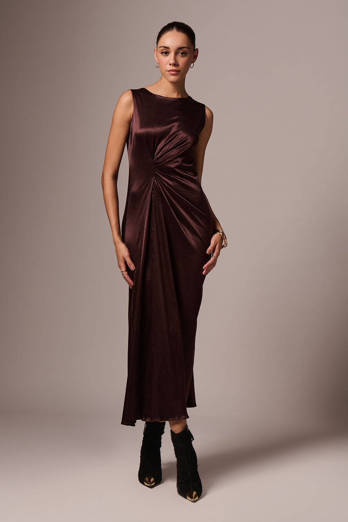 Buy Brown Sleeveless Drape Dress by Emblaze for women online at ScrollnShops