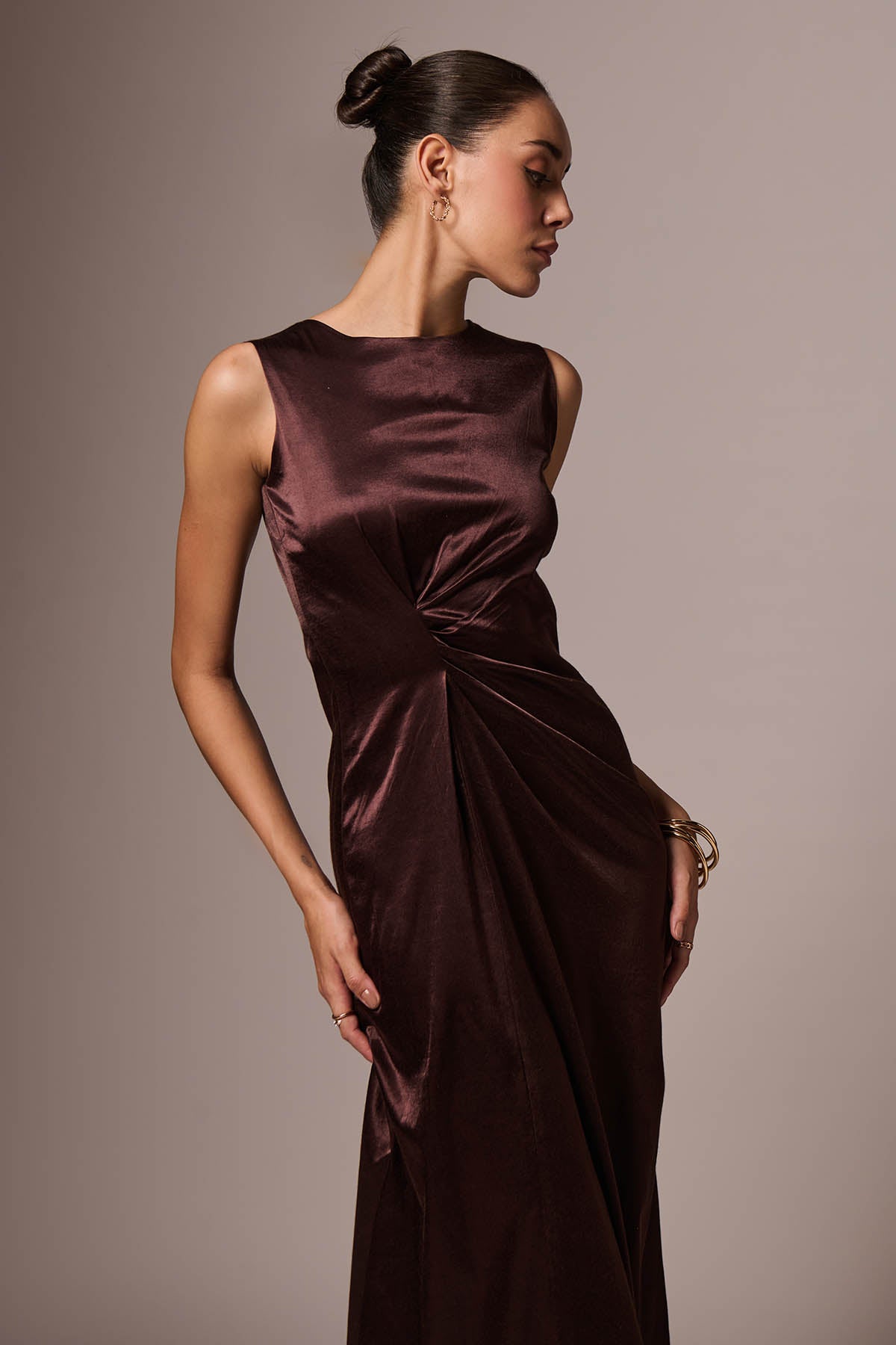 Brown Sleeveless Drape Dress