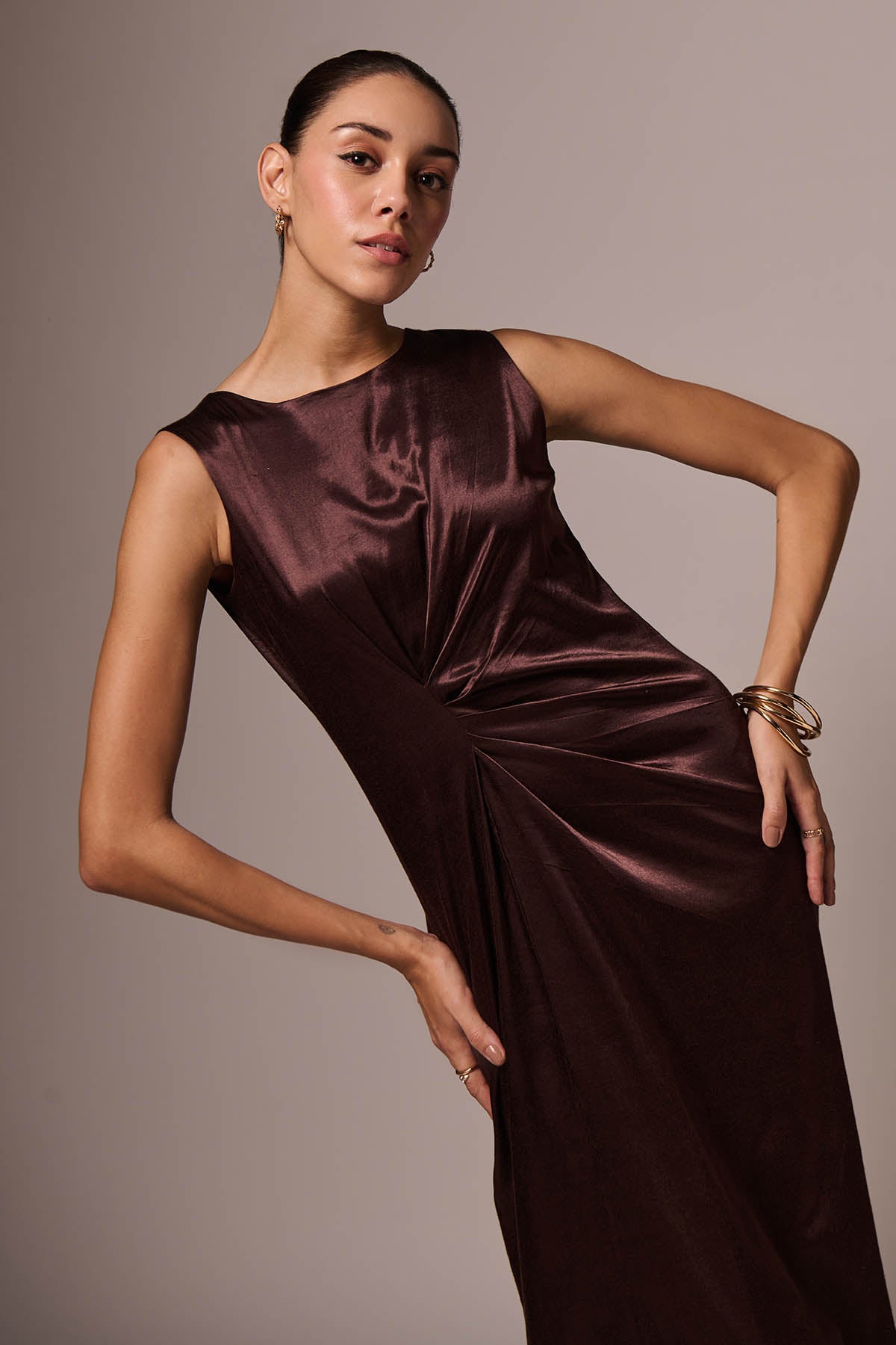 Brown Sleeveless Drape Dress