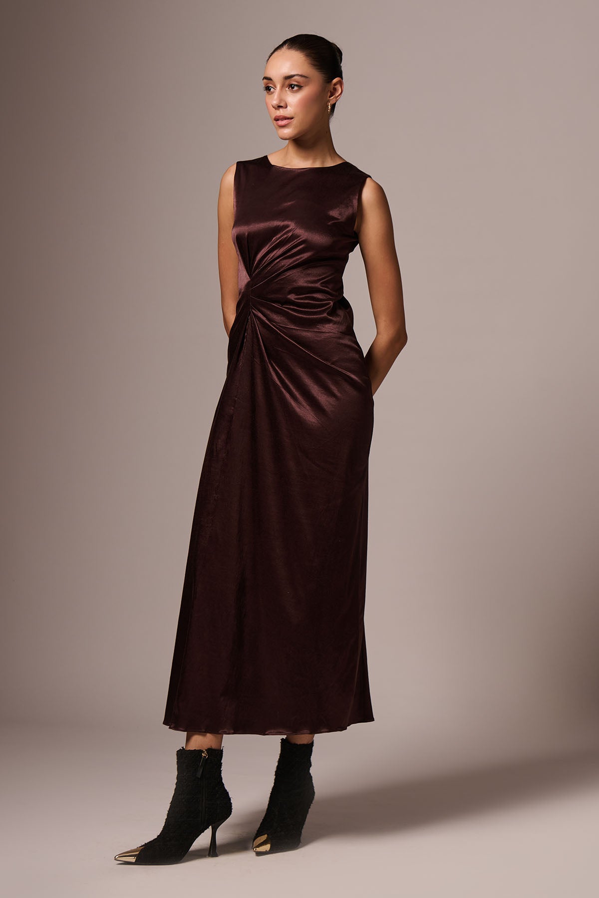 Brown Sleeveless Drape Dress