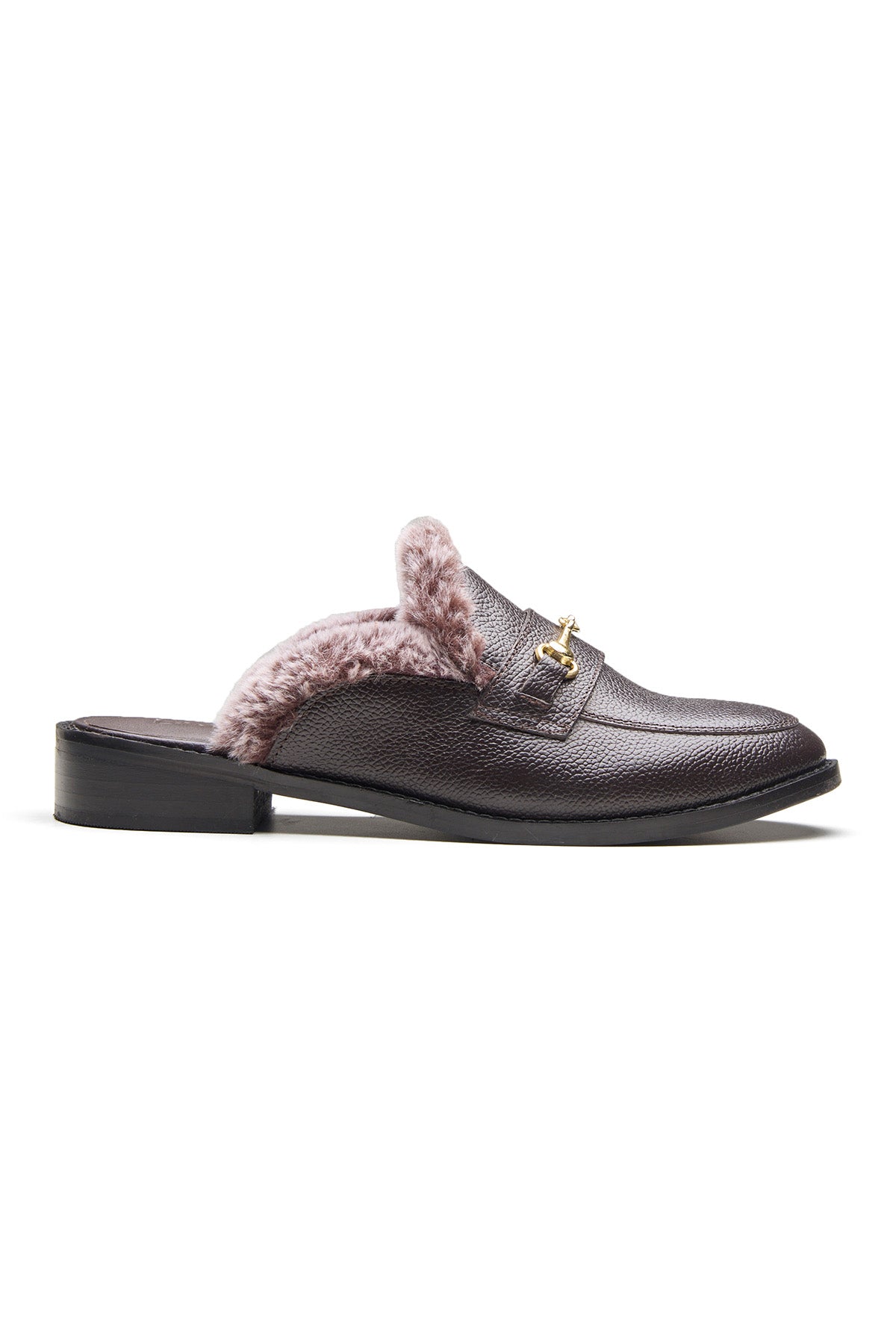 Brown Smooth Leather Fur Mules
