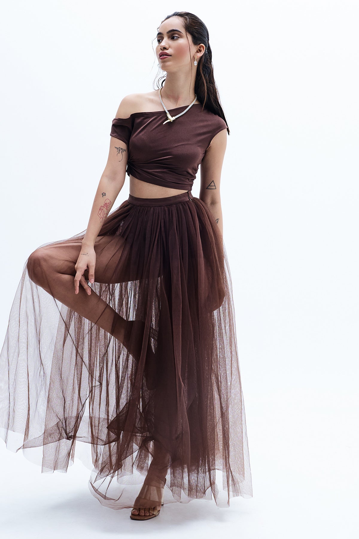 Buy Brown Soft Net Top And Skirt for women by GKDedit online available at scrollnshops