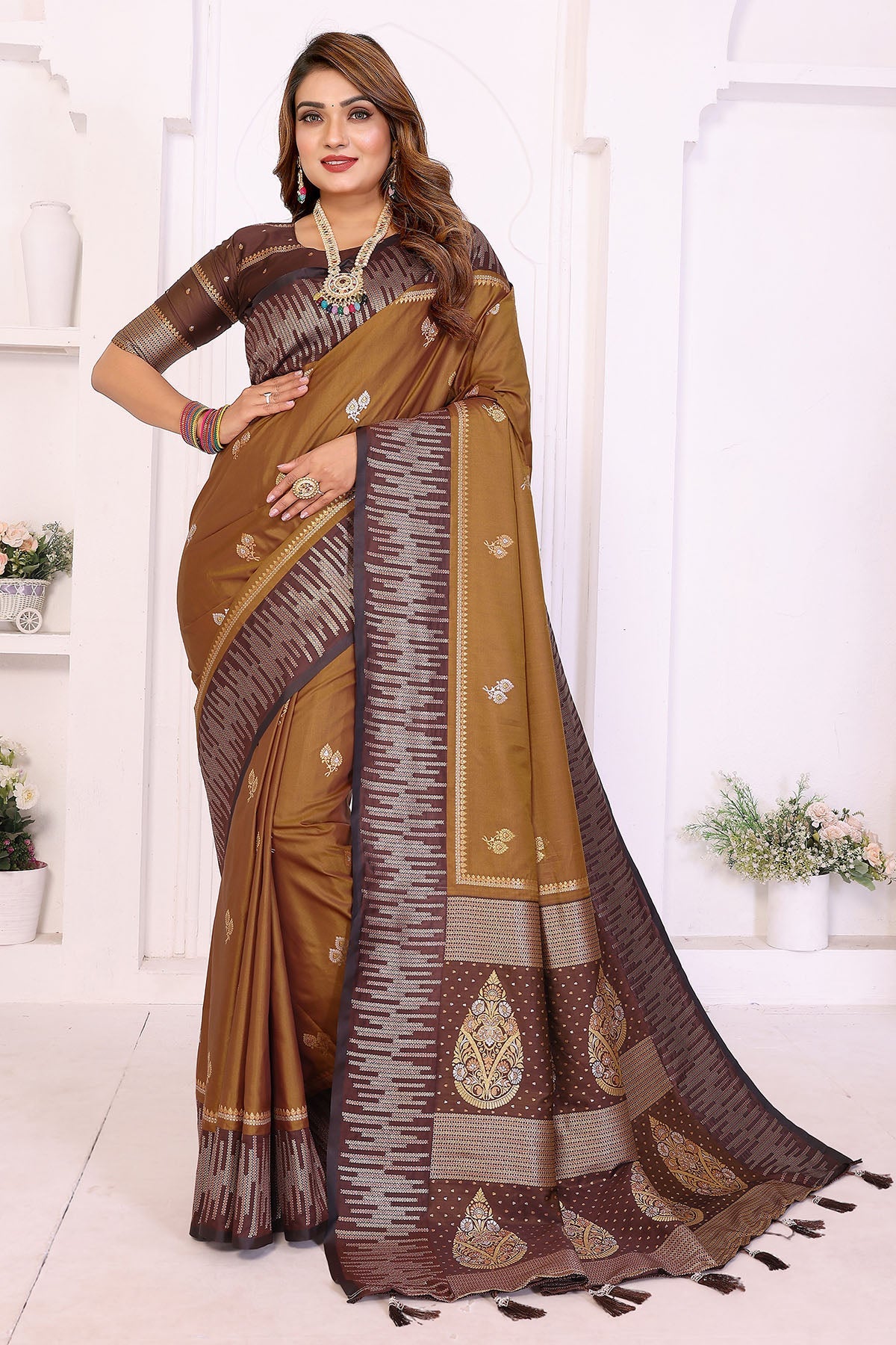 Buy Brown Soft Silk Weaving Saree for women by Aastha Fashion online available at scrollnshops