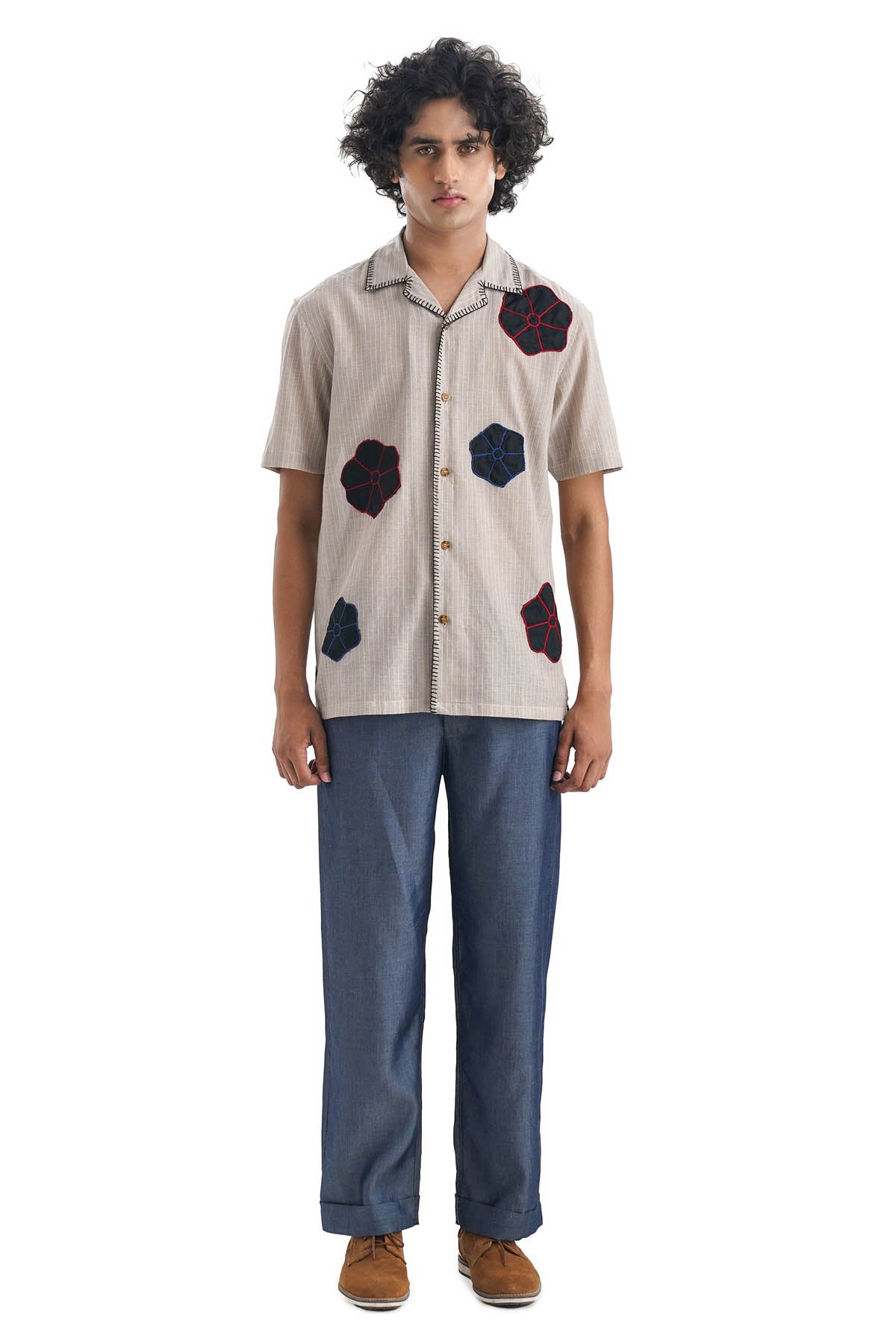 Brown Stripe Applique Work Shirt