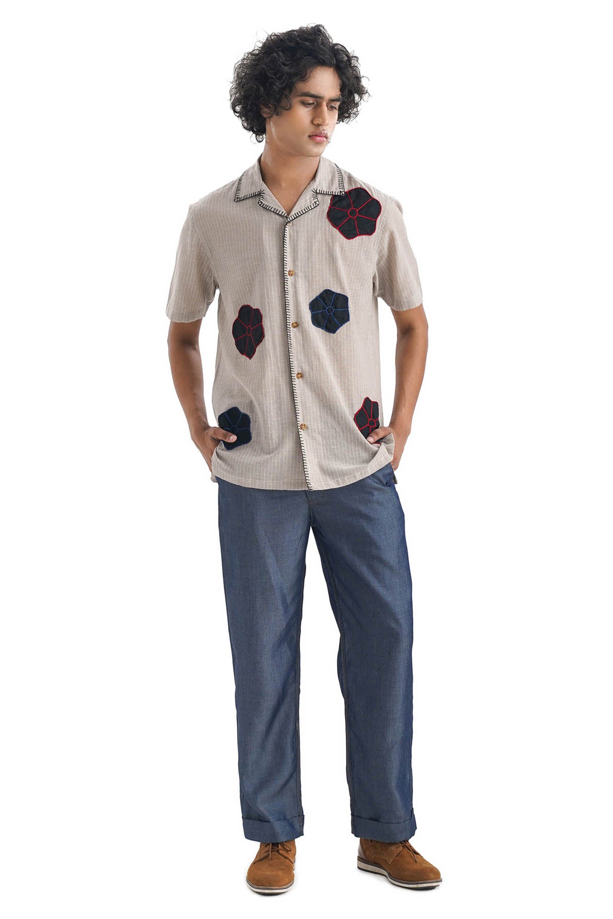 Brown Stripe Applique Work Shirt