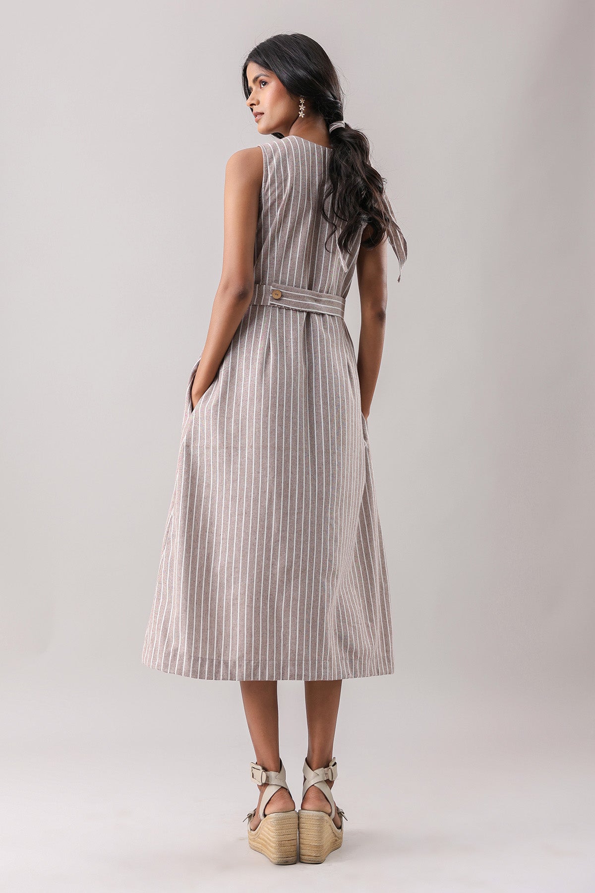 Brown Striped Wrap Midi Dress