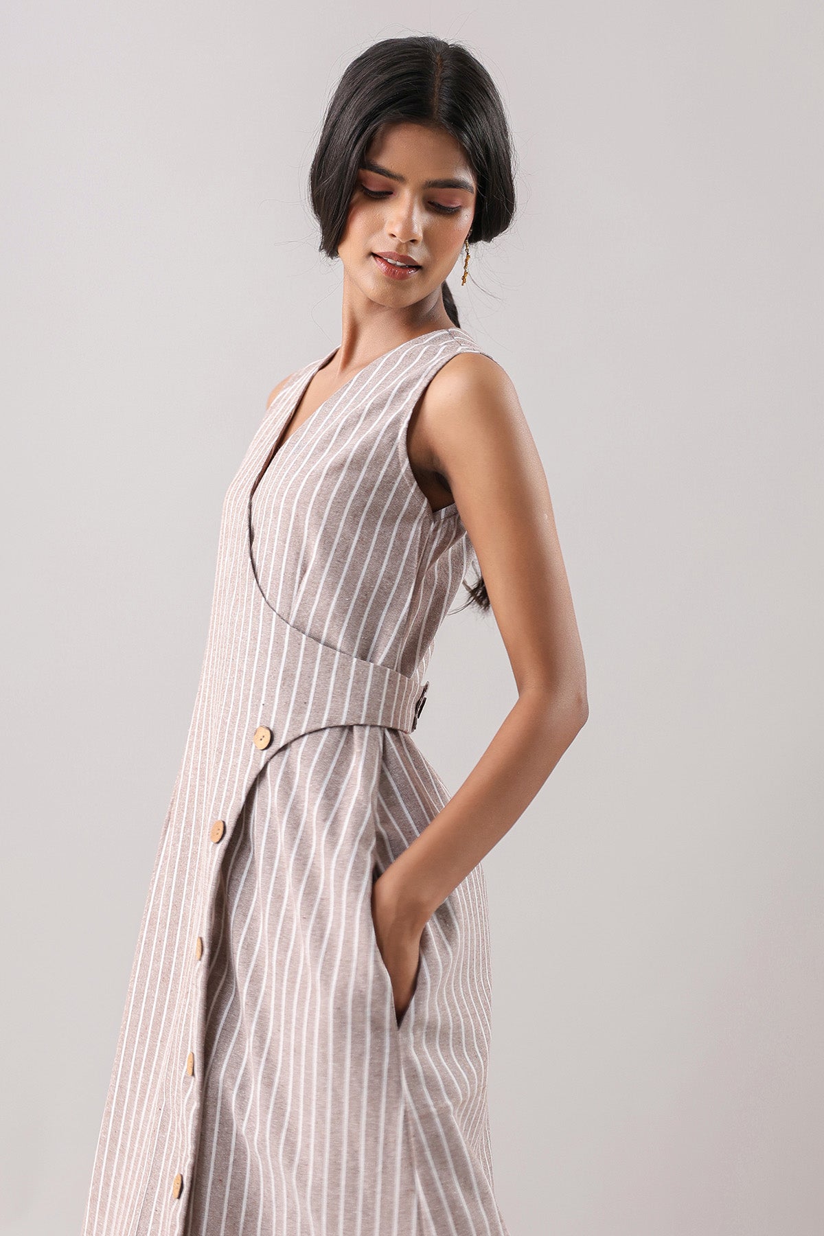 Brown Striped Wrap Midi Dress