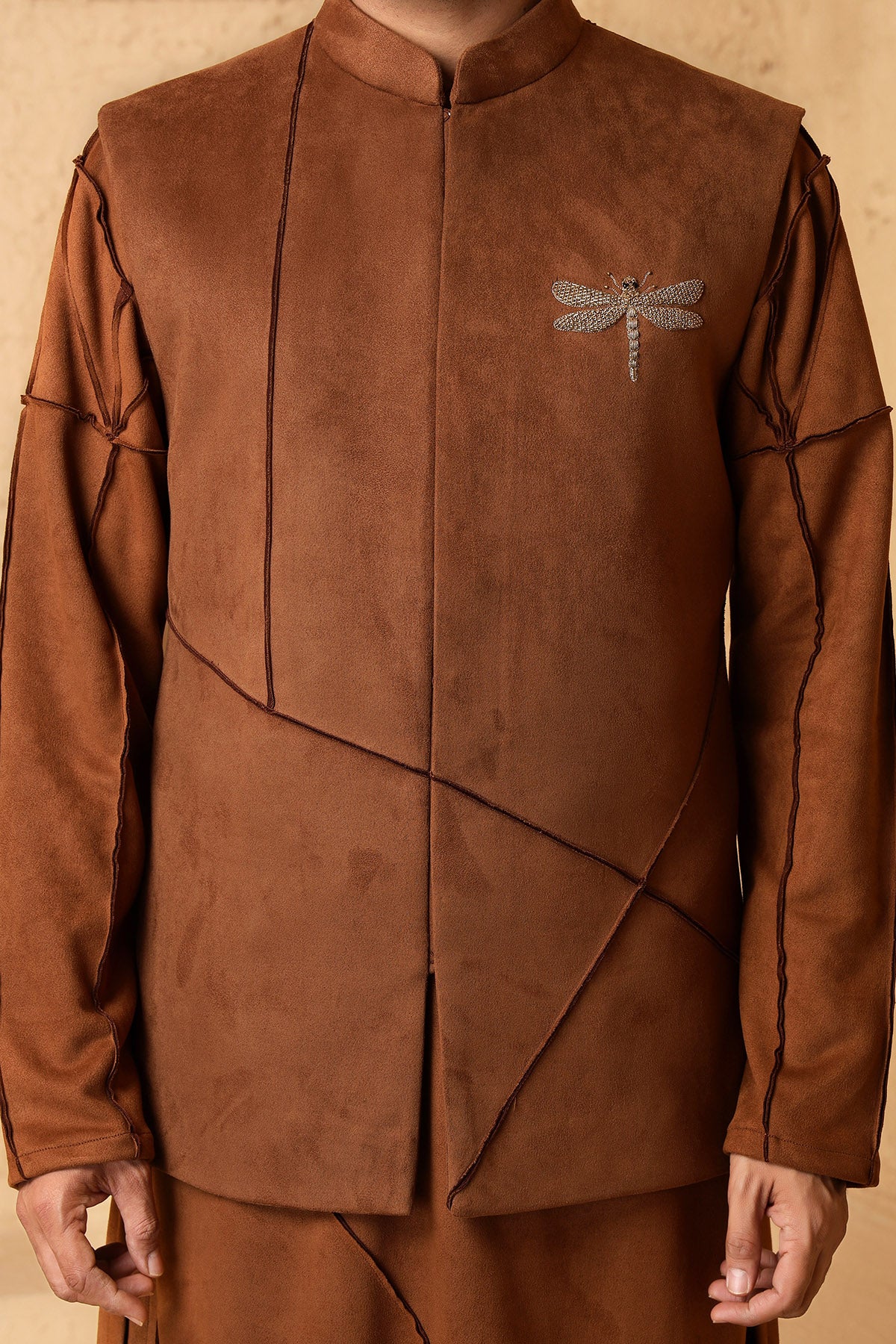 Brown Suede Jacket Kurta Set