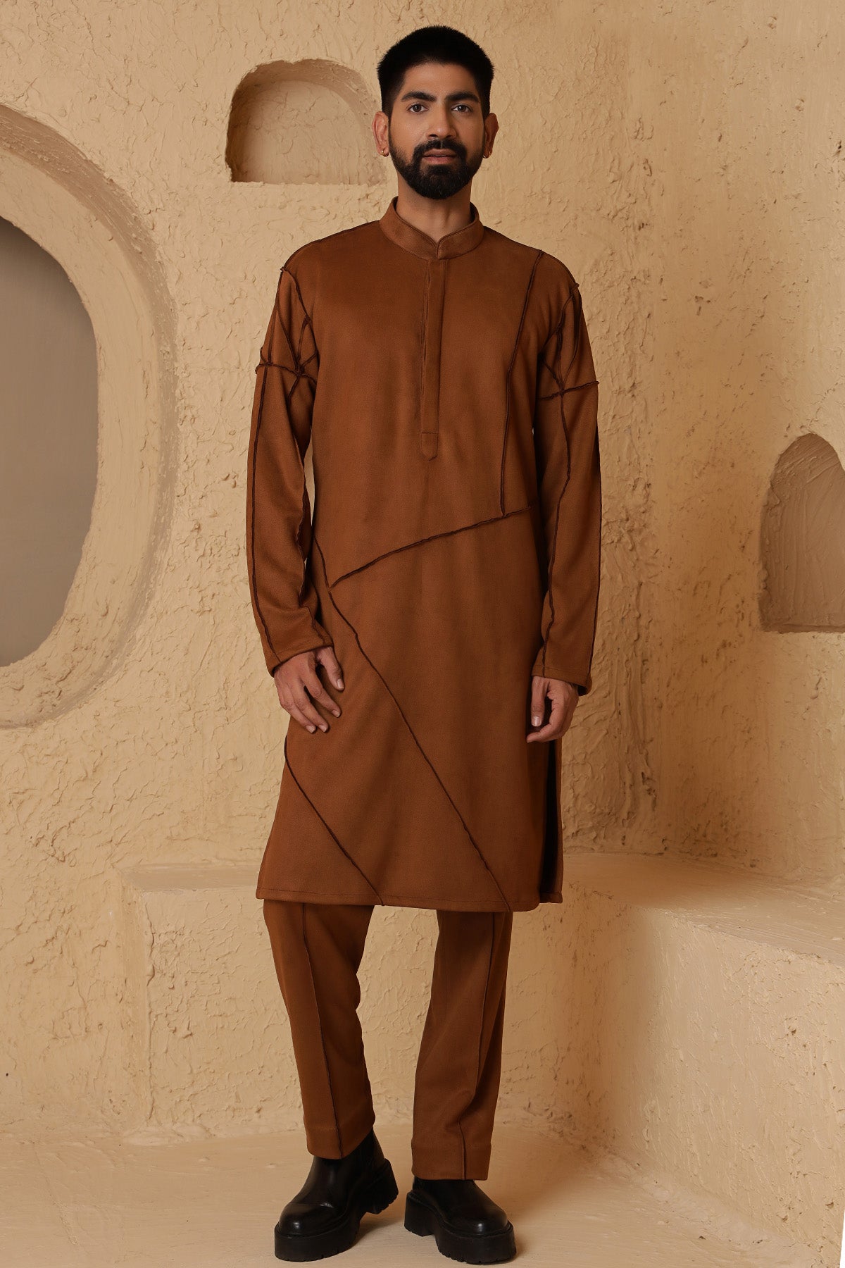 Brown Suede Jacket Kurta Set