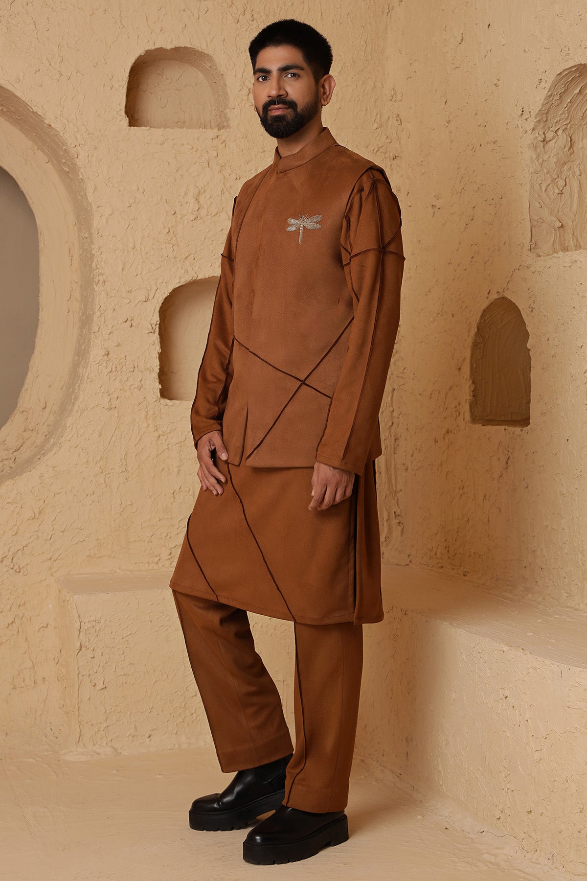 Brown Suede Jacket Kurta Set