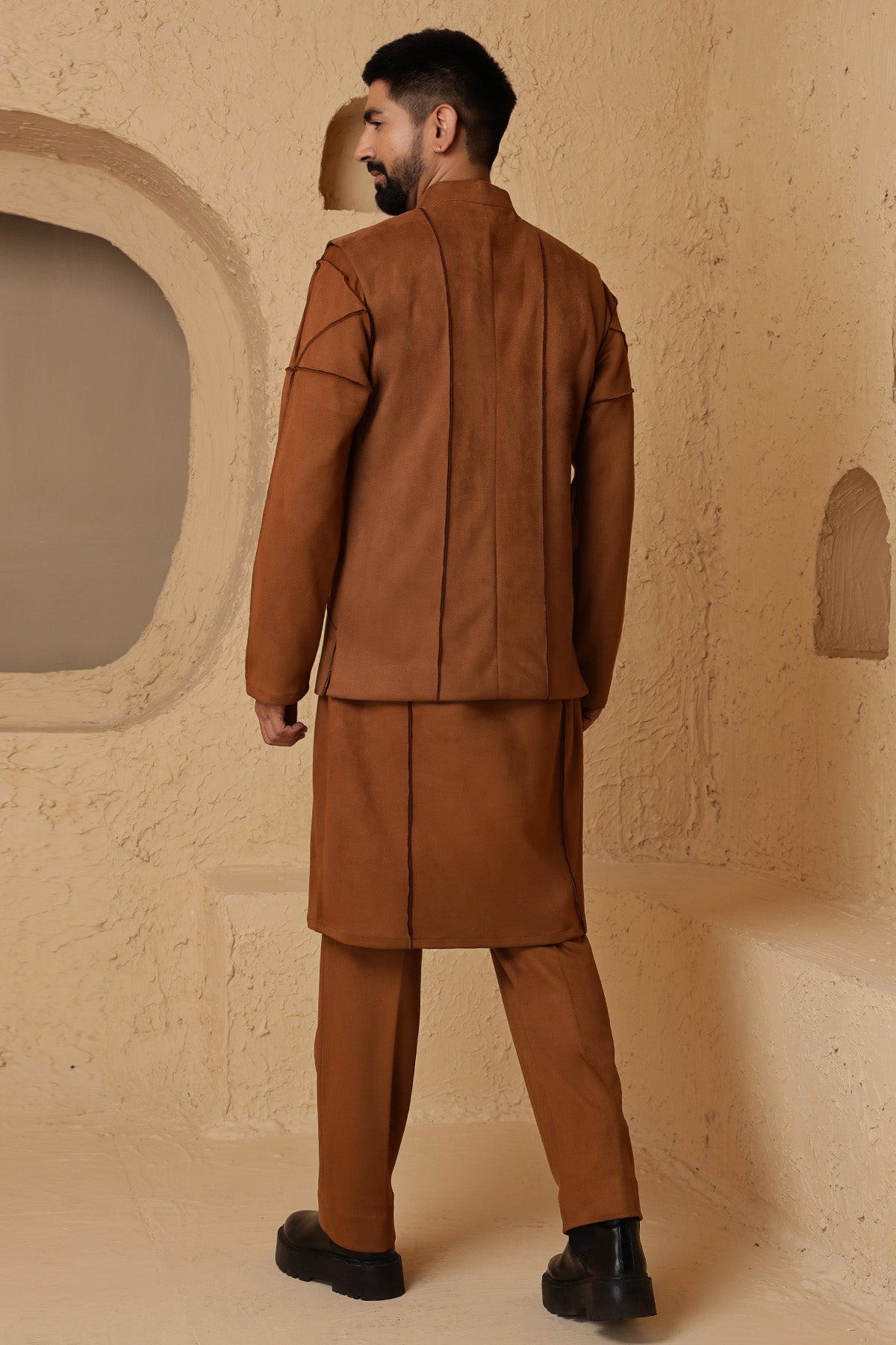 Brown Suede Jacket Kurta Set