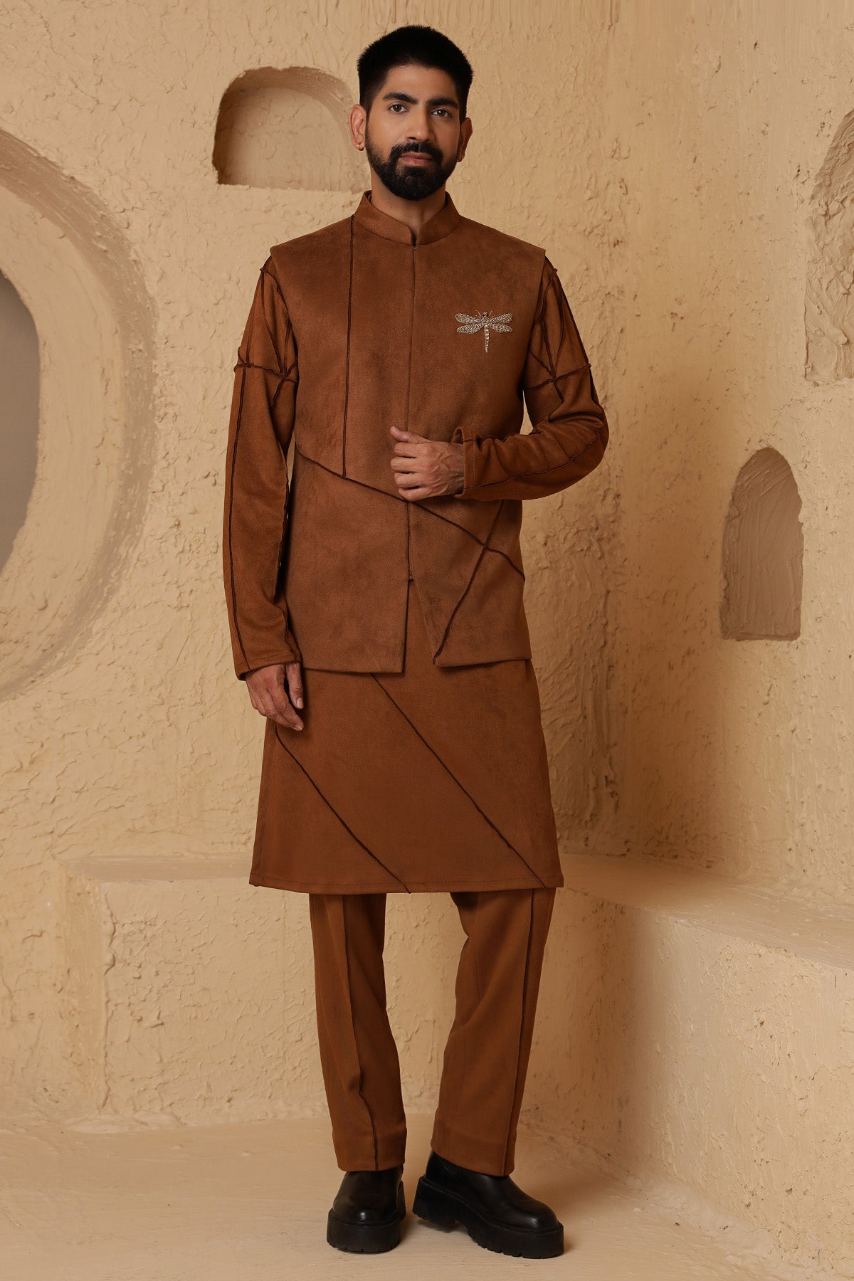 Buy Brown Suede Jacket Kurta Set for Men by Designer Harshita Dhanawat available online at ScrollnShops