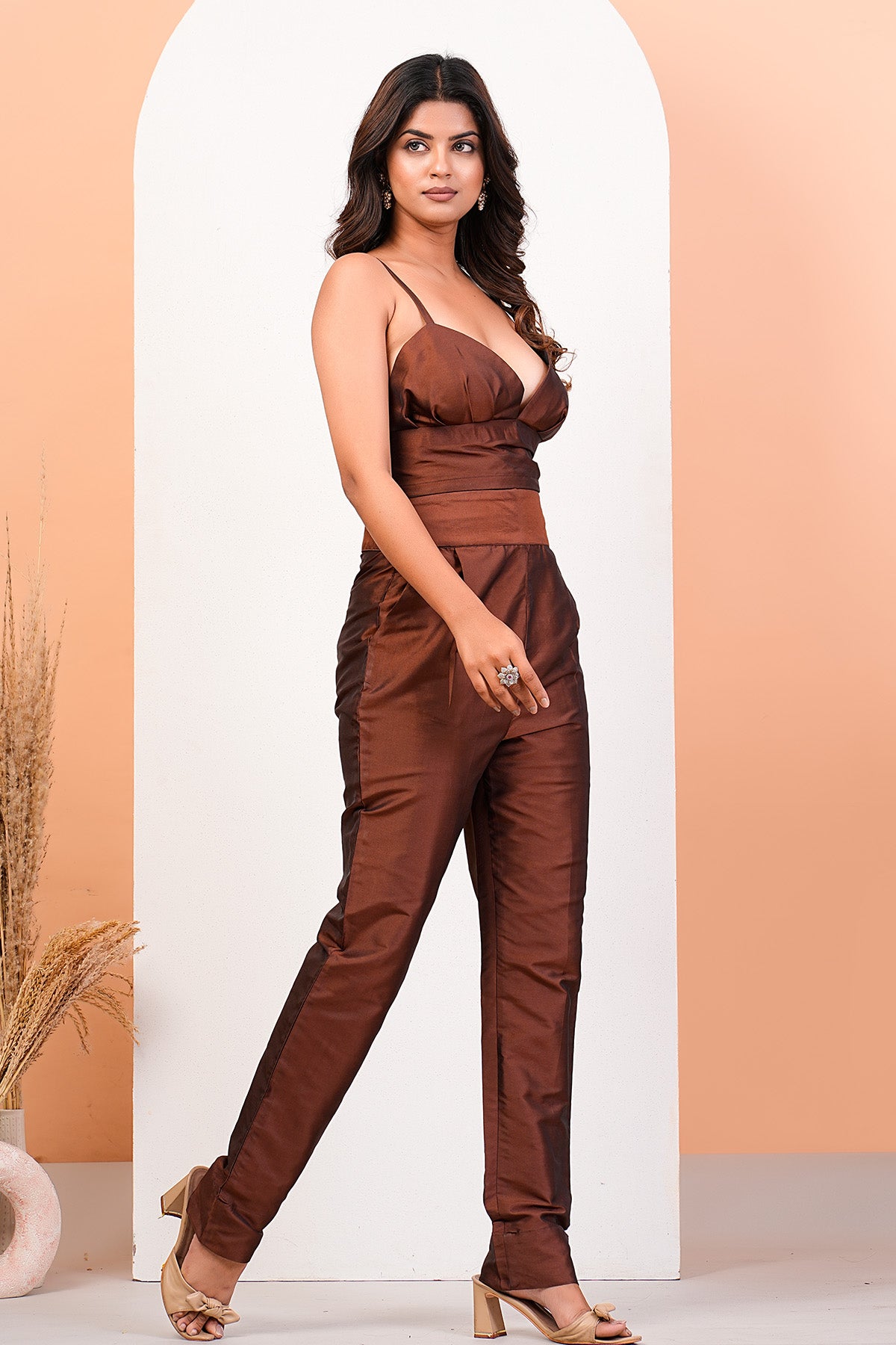 Brown Sweetheart Neck Co-ord Set