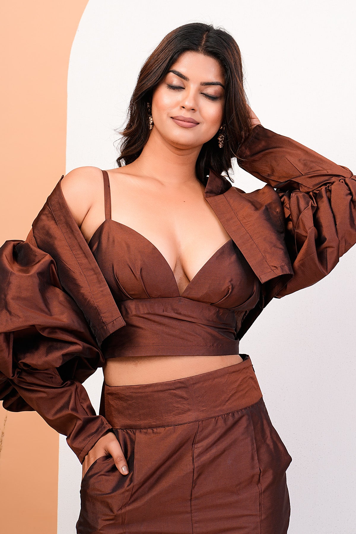 Brown Sweetheart Neck Jacket Set