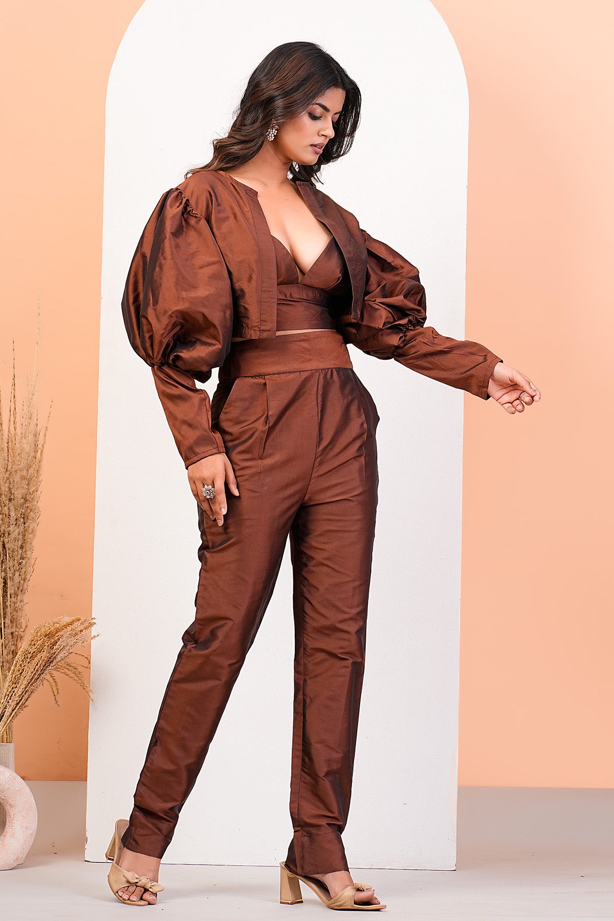 Brown Sweetheart Neck Jacket Set
