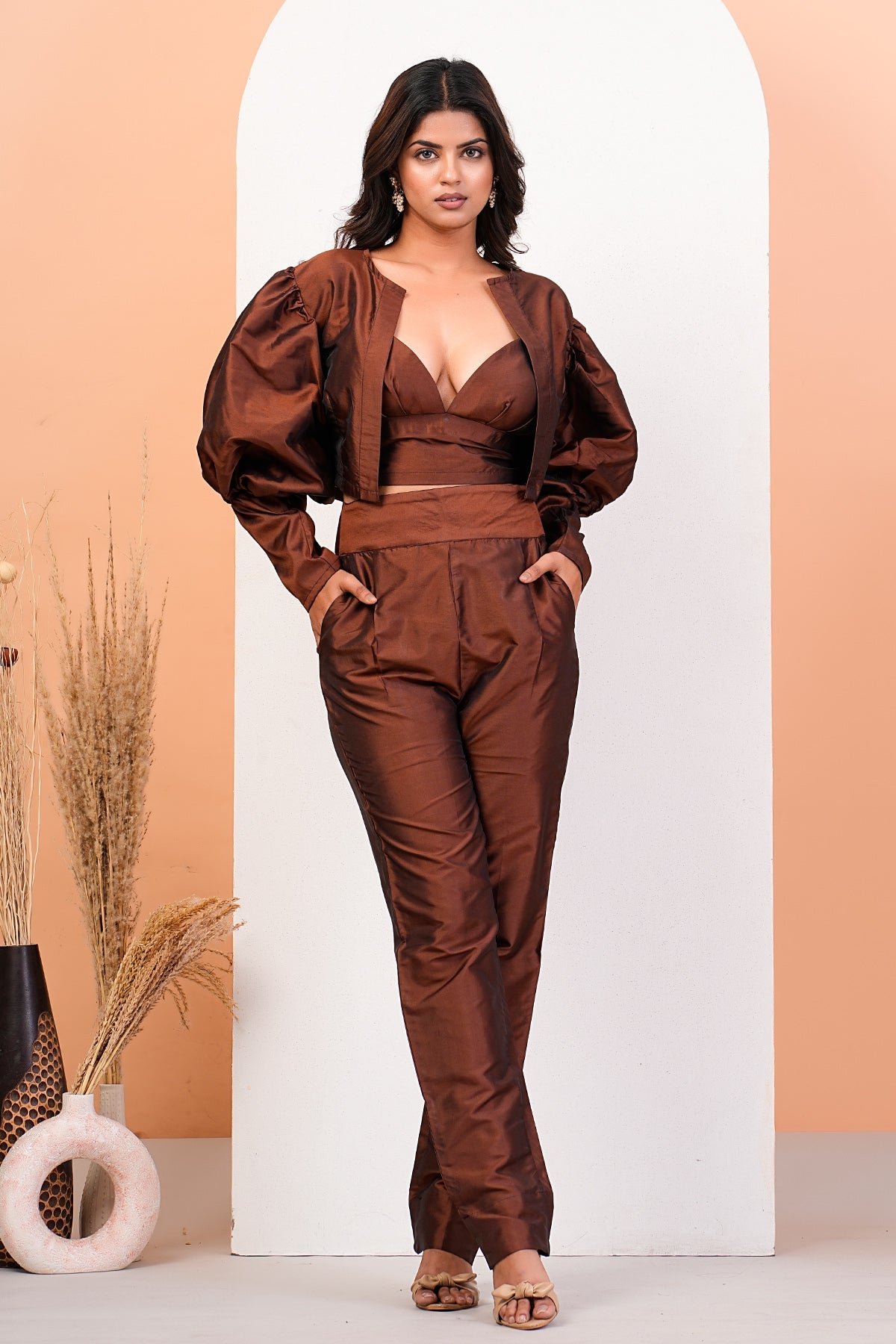 Buy Brown Sweetheart Neck Jacket Set by Namita Sharma for Women online at ScrollnShops