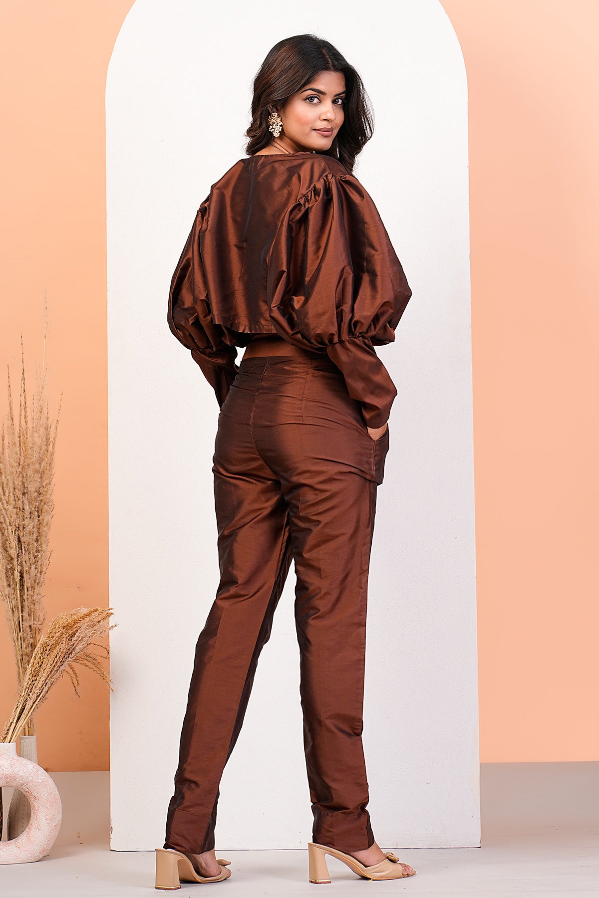 Brown Sweetheart Neck Jacket Set