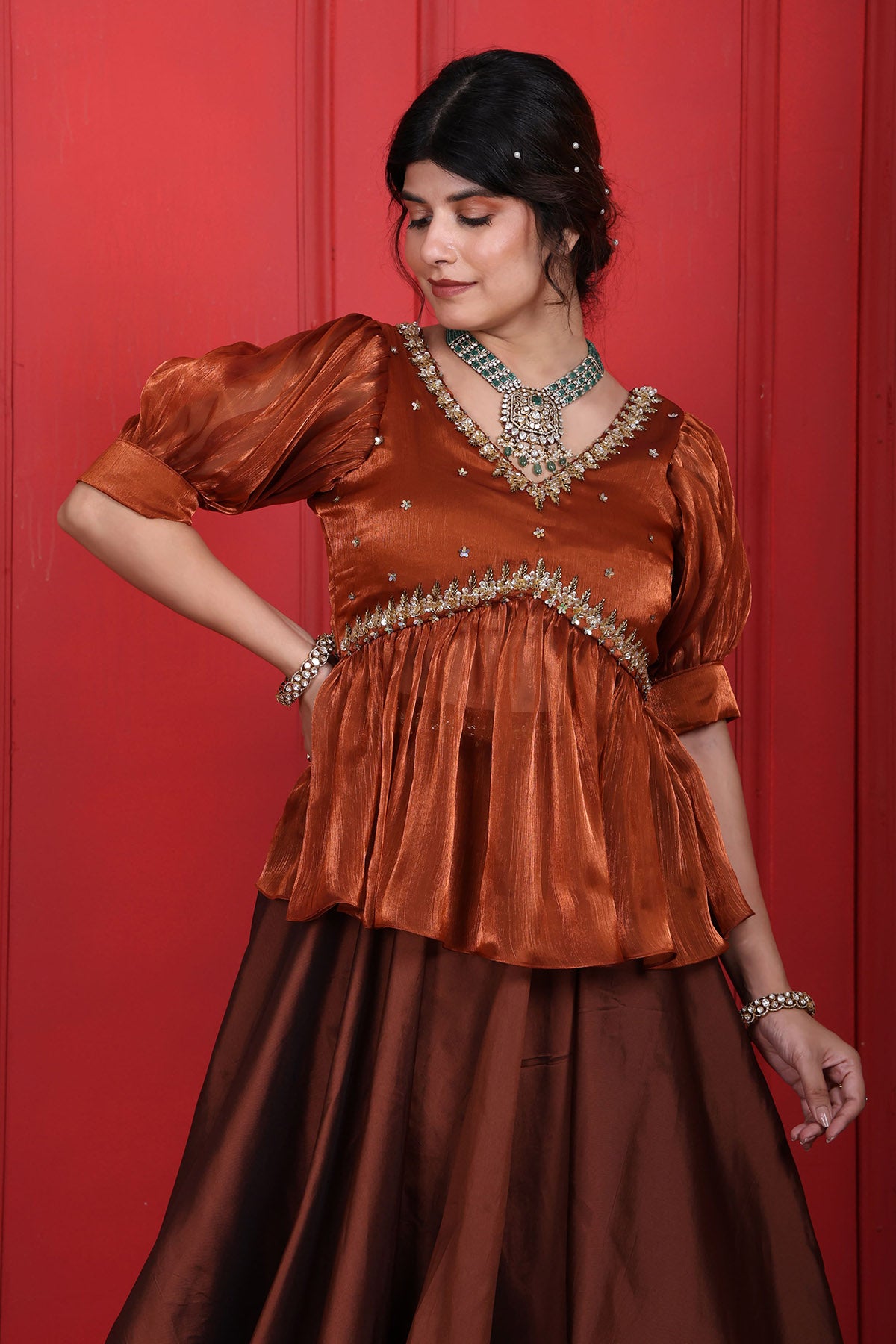 Brown Thread Top & Lehenga Set