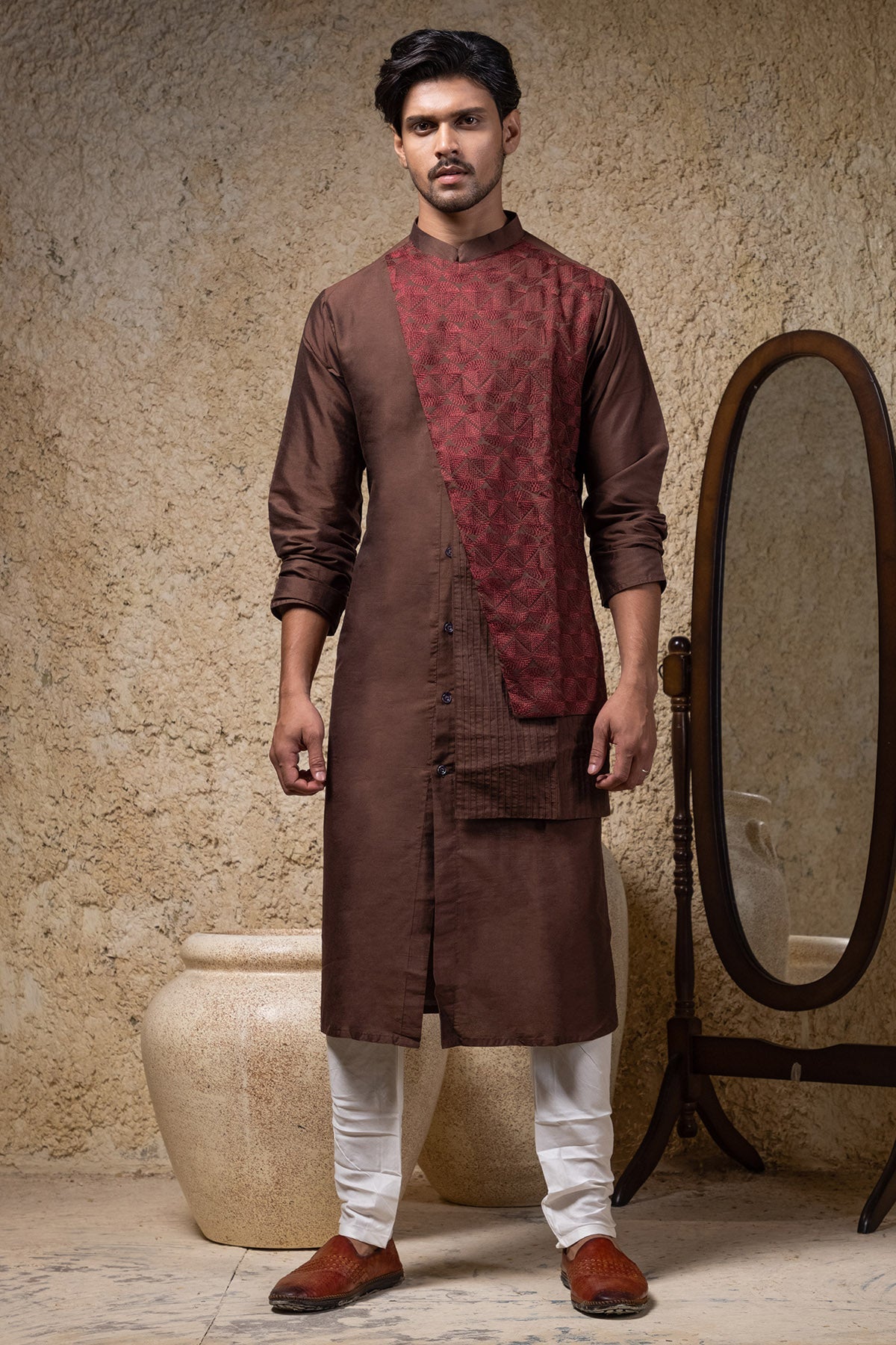 Buy Brown Thread Work Kurta & Pyjama by Priyanka Haralalka for men online at ScrollnShops