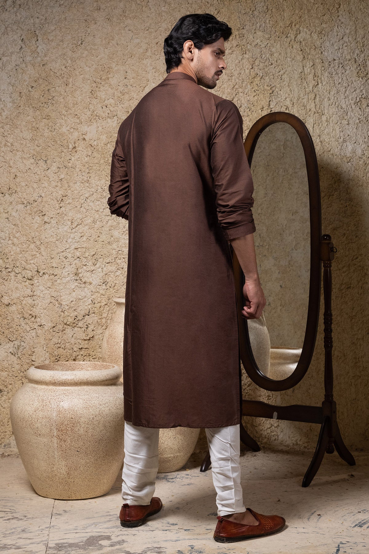 Brown Thread Work Kurta & Pyjama