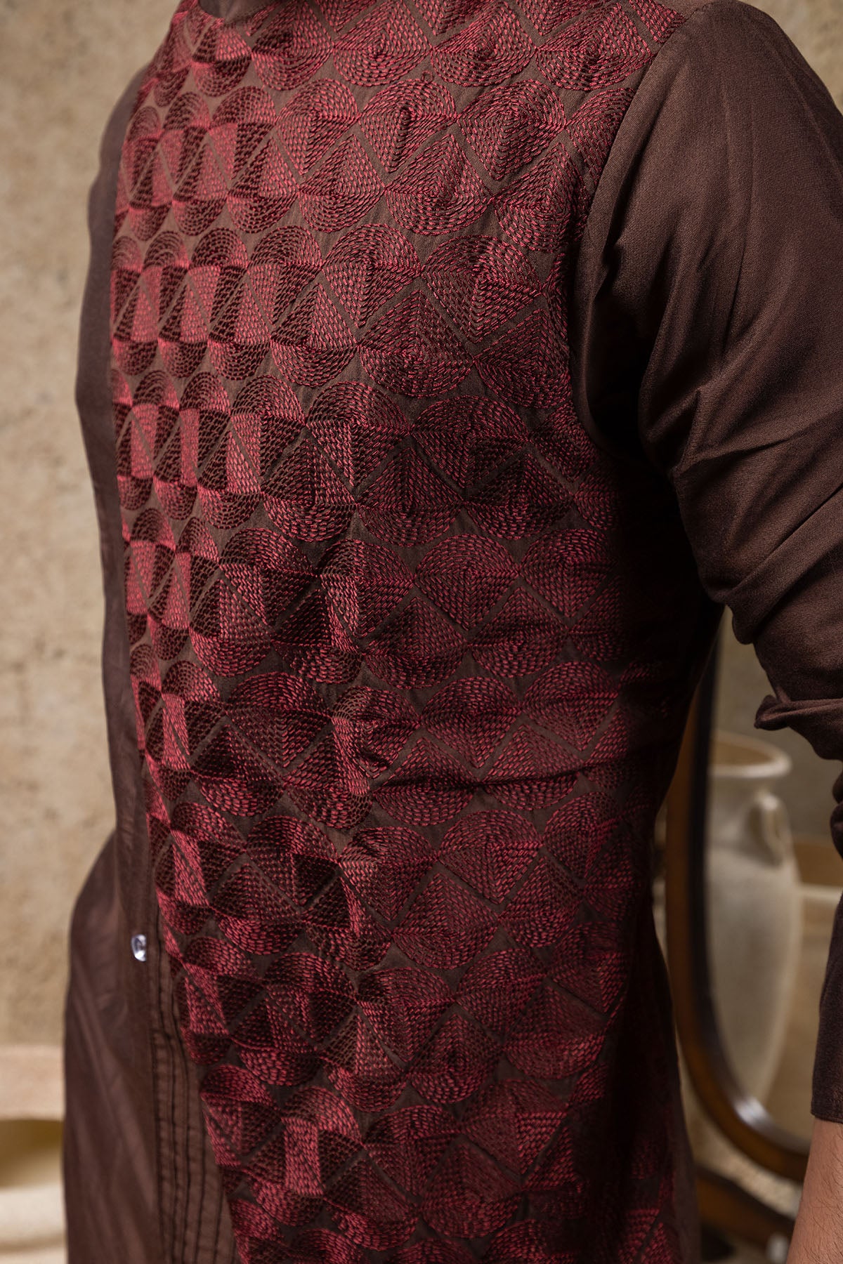 Brown Thread Work Kurta & Pyjama