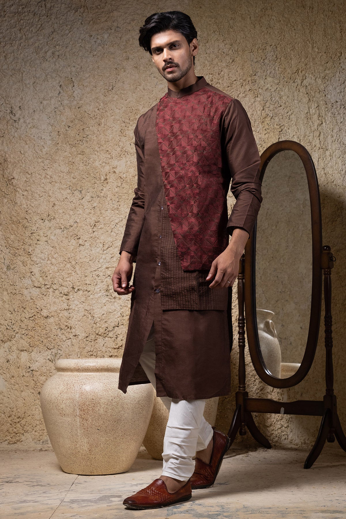 Brown Thread Work Kurta & Pyjama