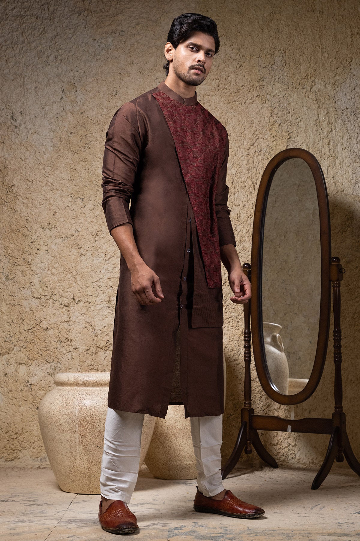 Brown Thread Work Kurta & Pyjama