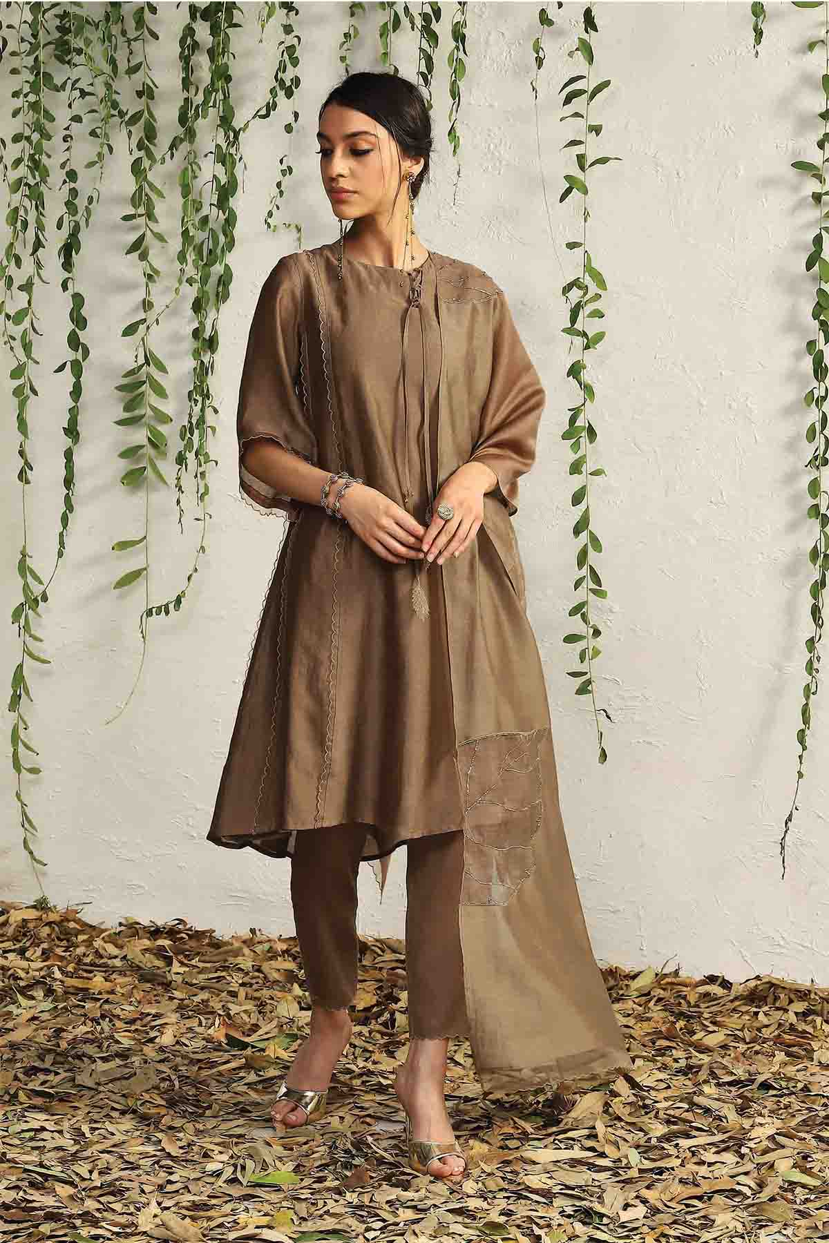 Buy Brown Tie-Up Short Kurta Set by Charkhee for women online at ScrollnShops
