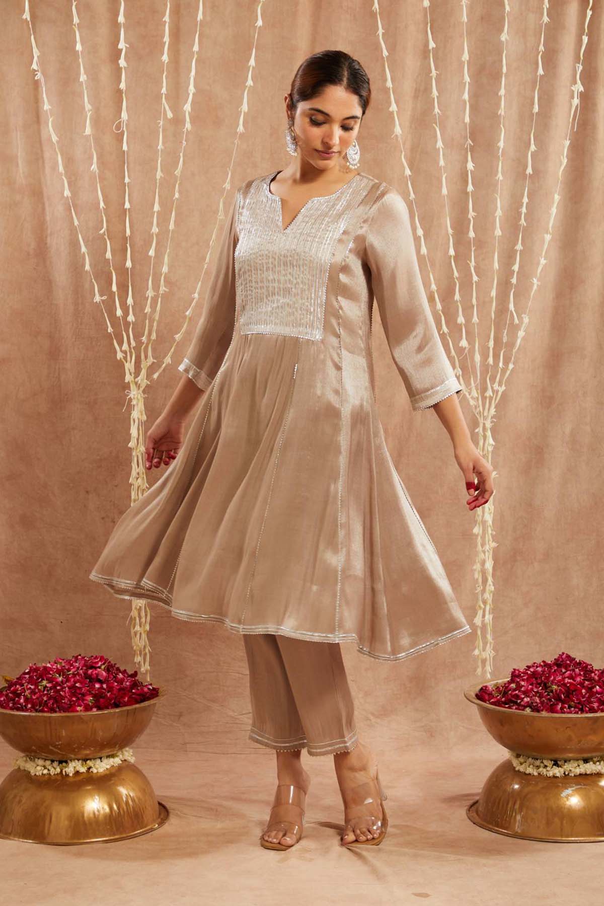 Buy Brown Tissue Anarkali & Pants by Nero for women online at ScrollnShops