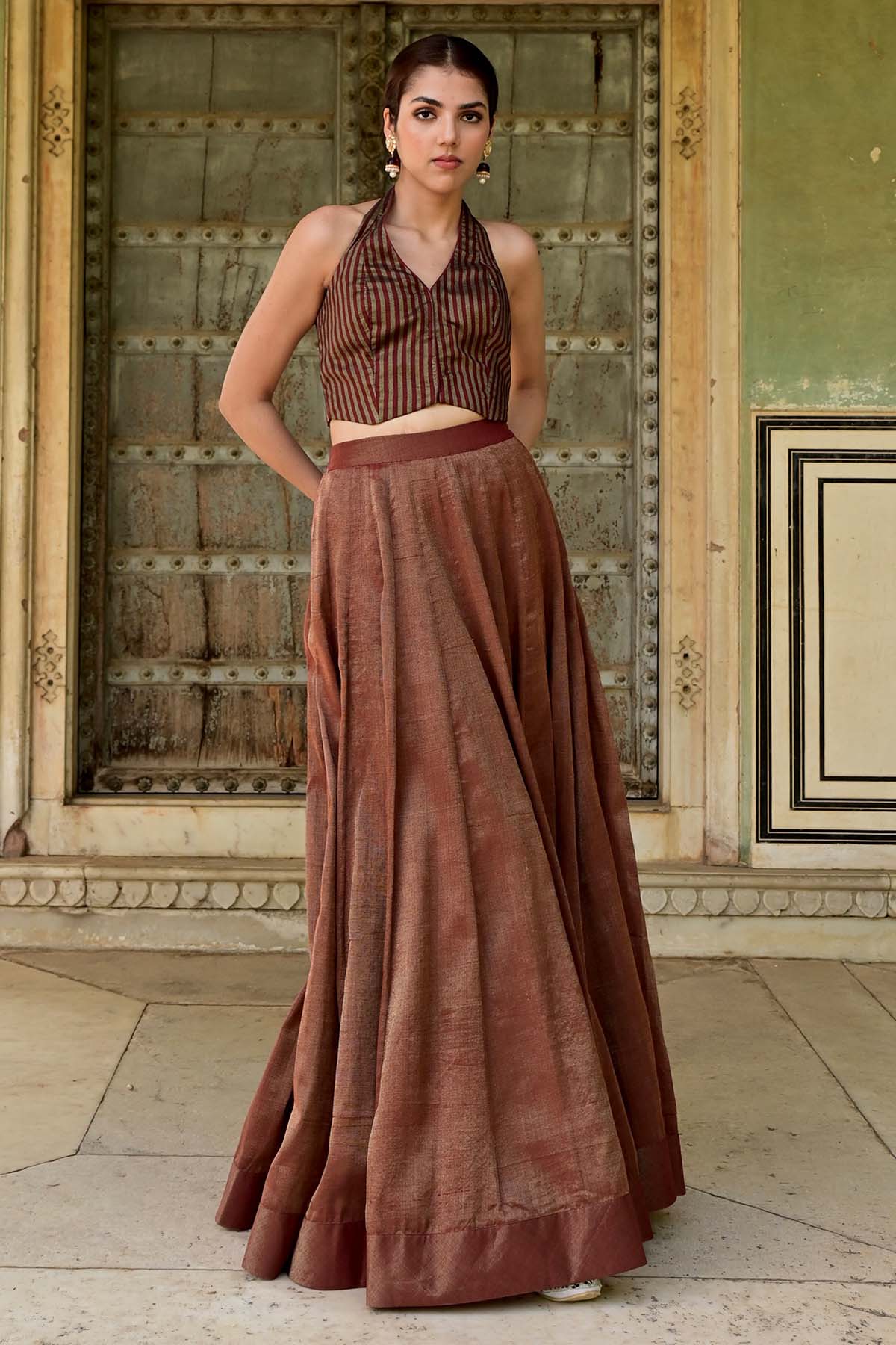 Taro India Brown Tissue Flared Lehenga Skirt for women online at ScrollnShops