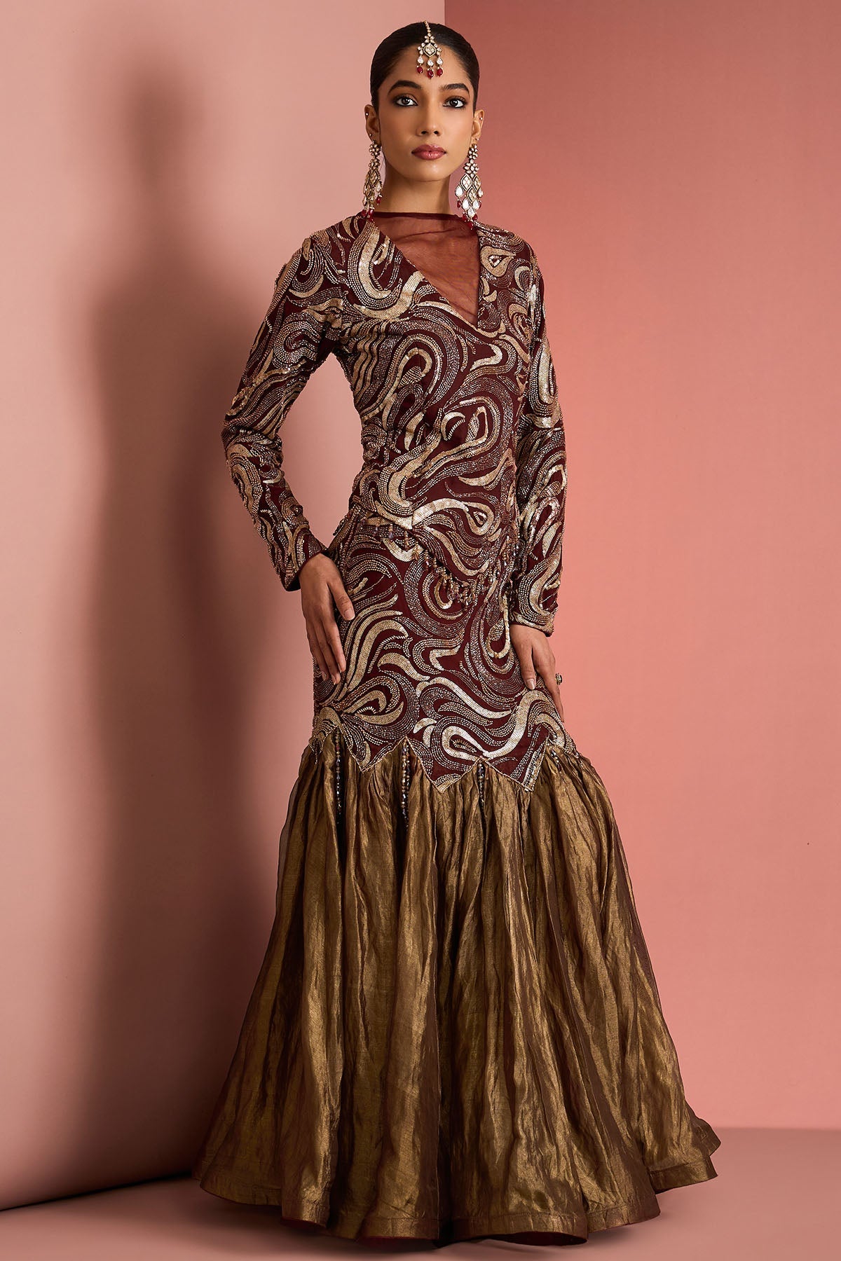 Buy Brown Tissue Indo-Western Set for women by Milu Madan online available at scrollnshops