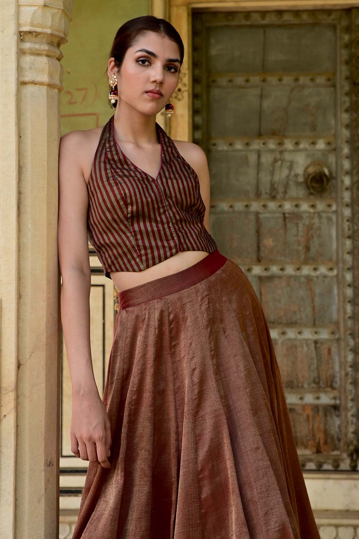 Taro India Brown Tissue Sleeveless Top for women online at ScrollnShops