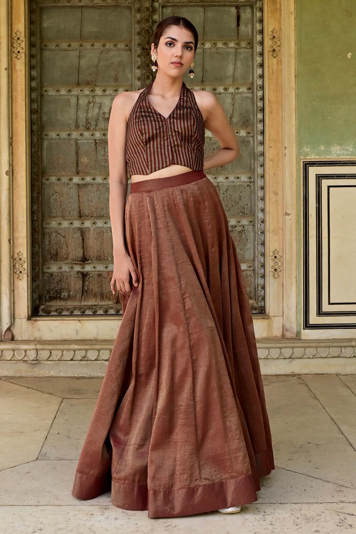 Taro India Brown Tissue Stripe Lehenga Set for women online at ScrollnShops