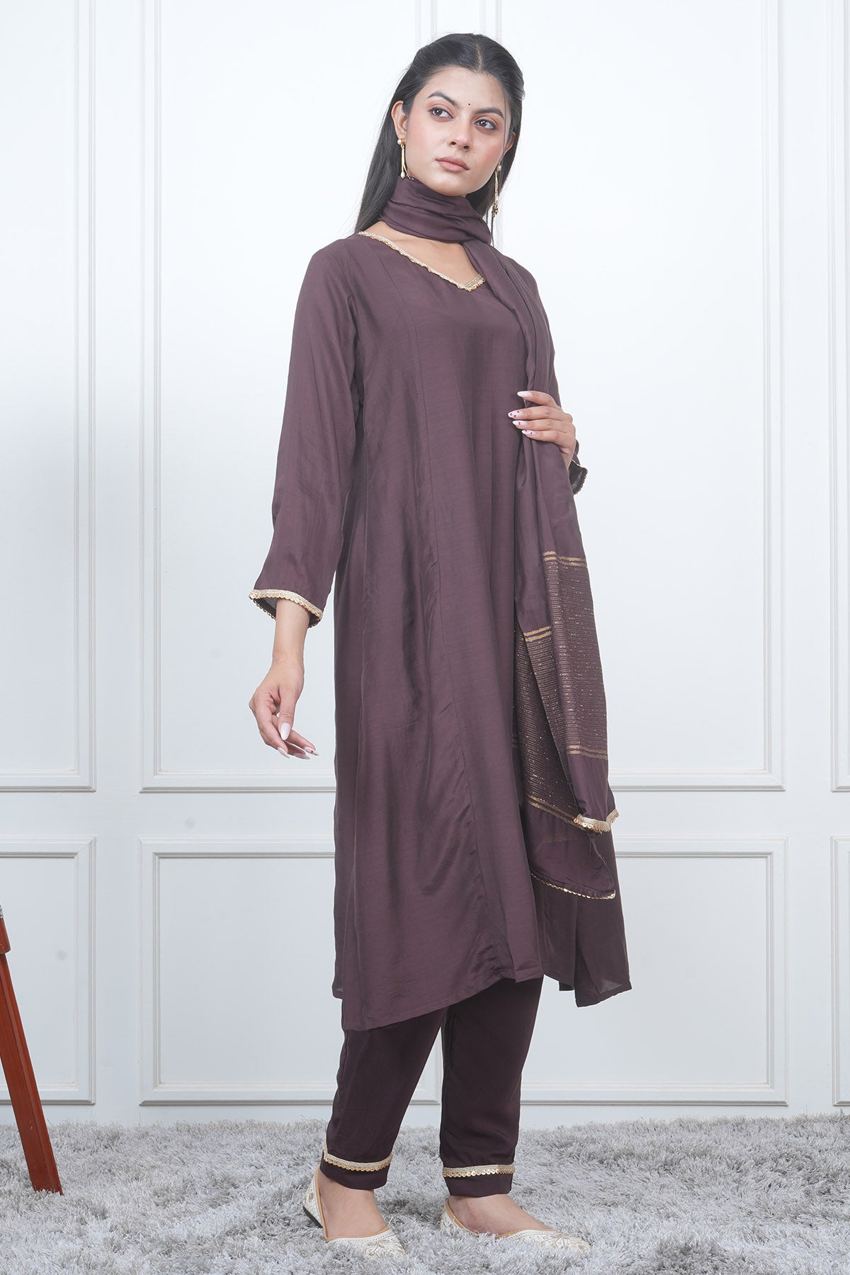 Brown V-Neck Flared Kurta Set