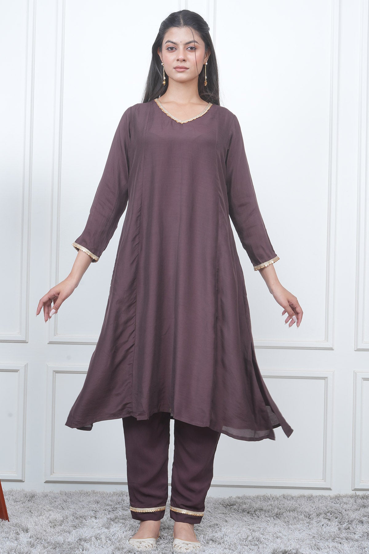 Brown V-Neck Flared Kurta Set