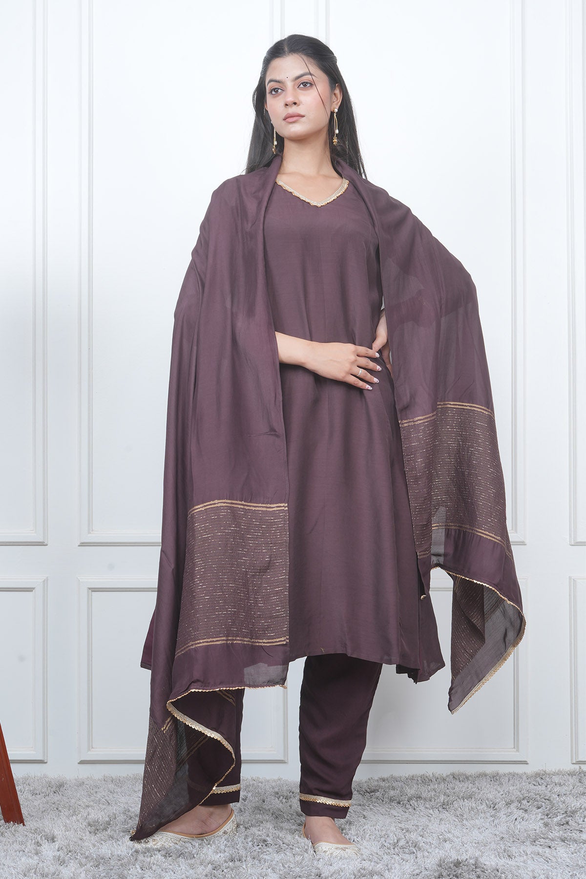 Brown V-Neck Flared Kurta Set