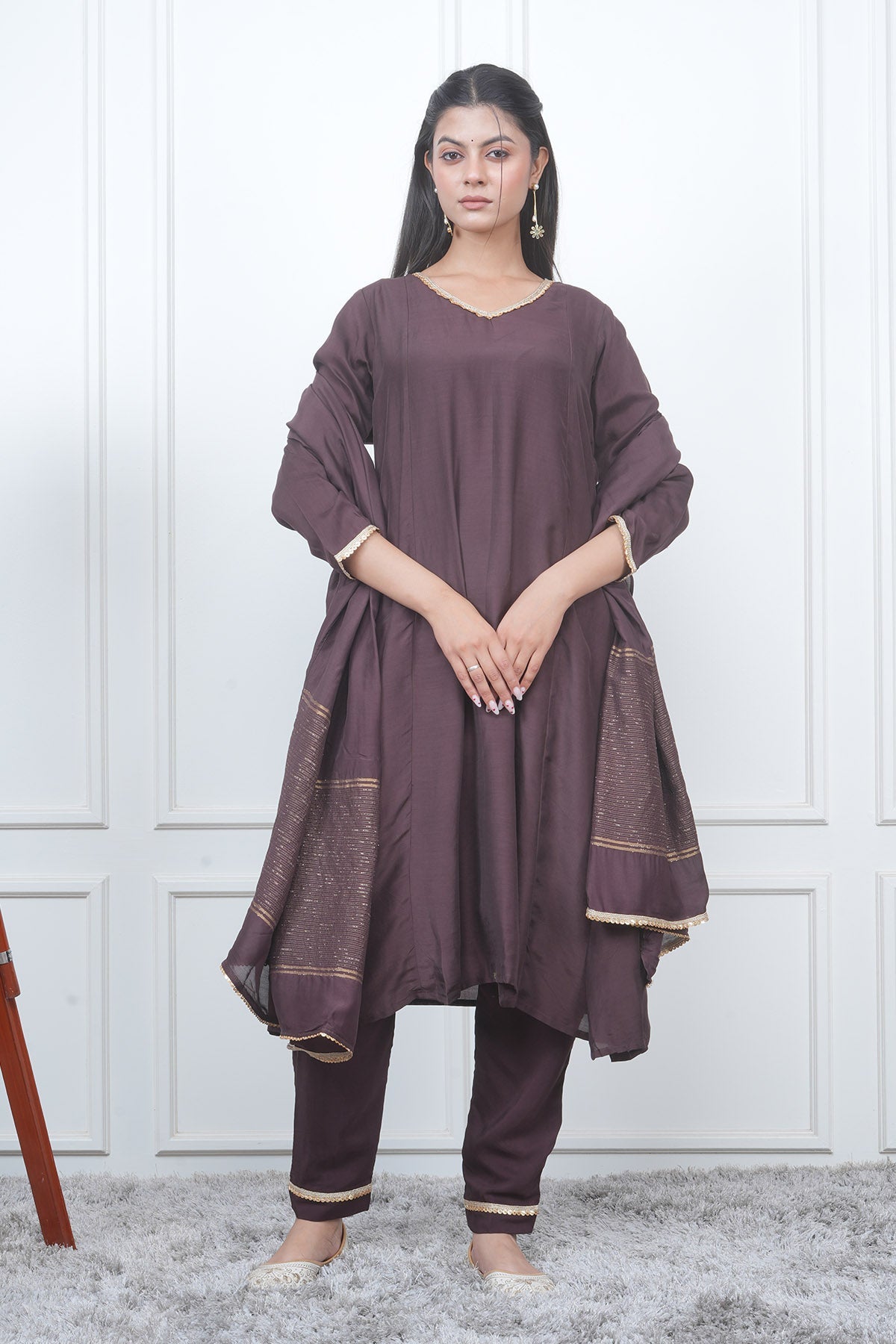Buy Brown V-Neck Flared Kurta Set by Eesha Gupta for women online at ScrollnShops