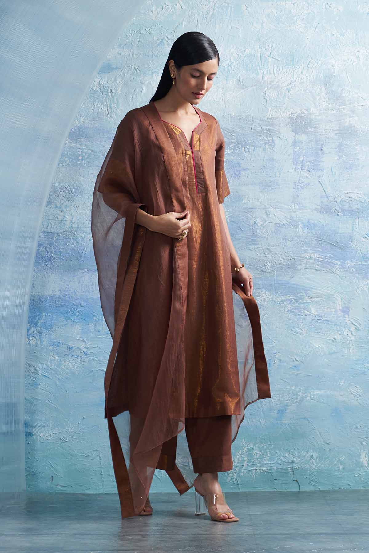 Buy Brown V-Neck Long Kurta Set by Charkhee for women online at ScrollnShops