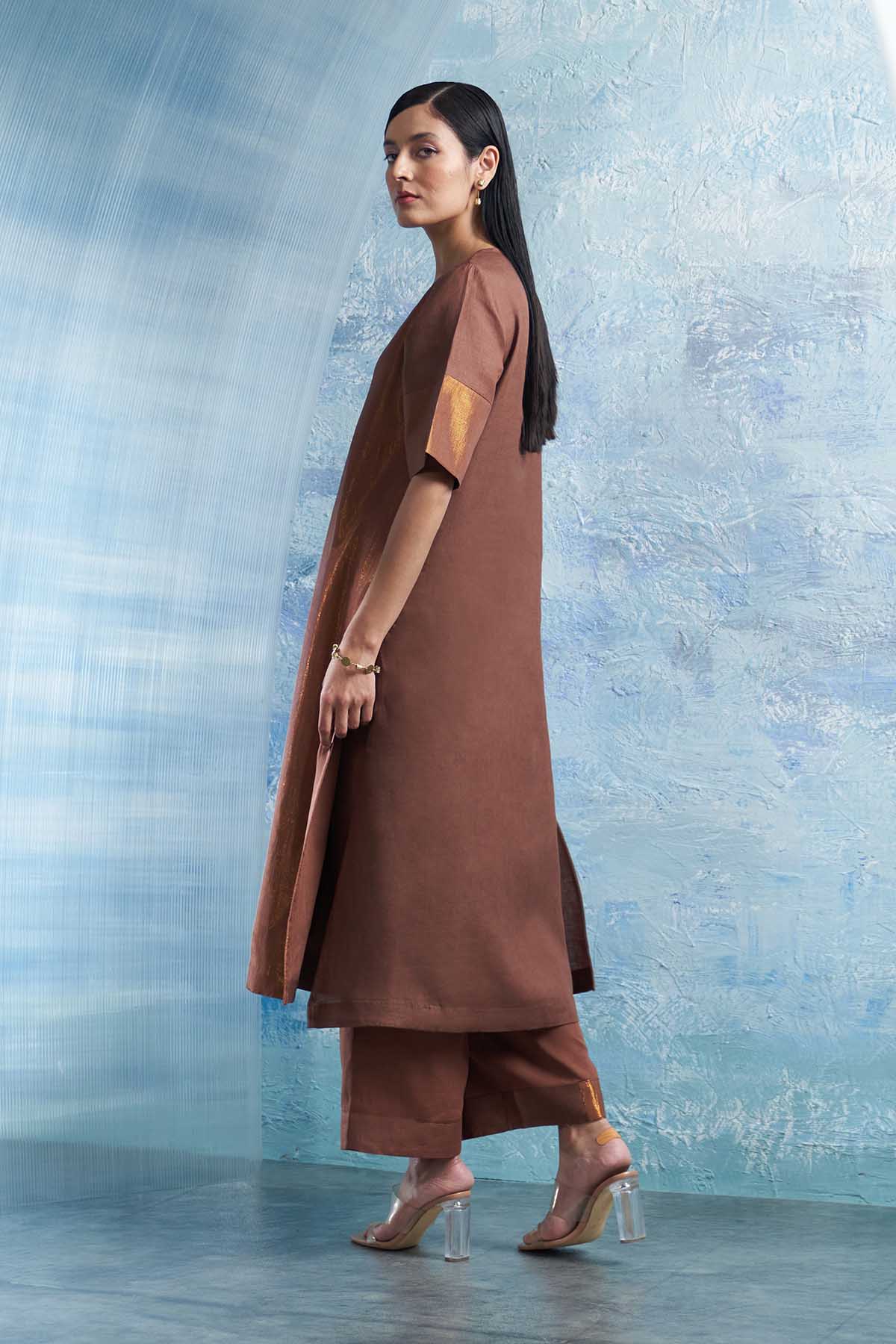 Brown V-Neck Long Kurta Set