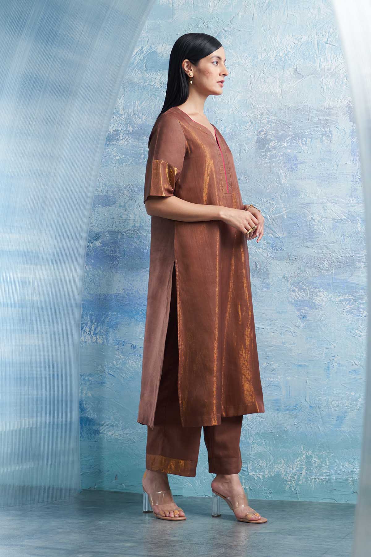 Brown V-Neck Long Kurta Set
