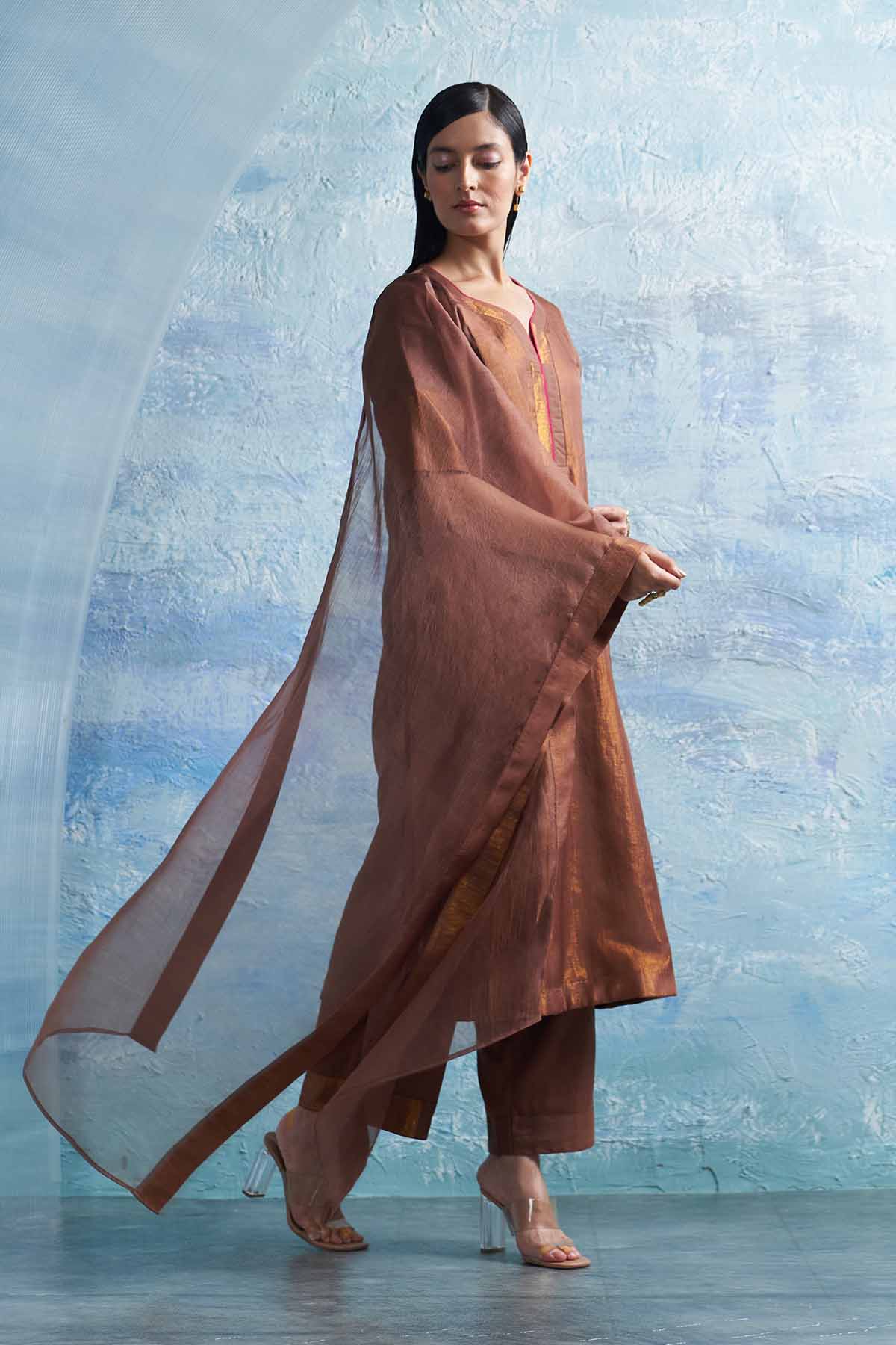 Brown V-Neck Long Kurta Set