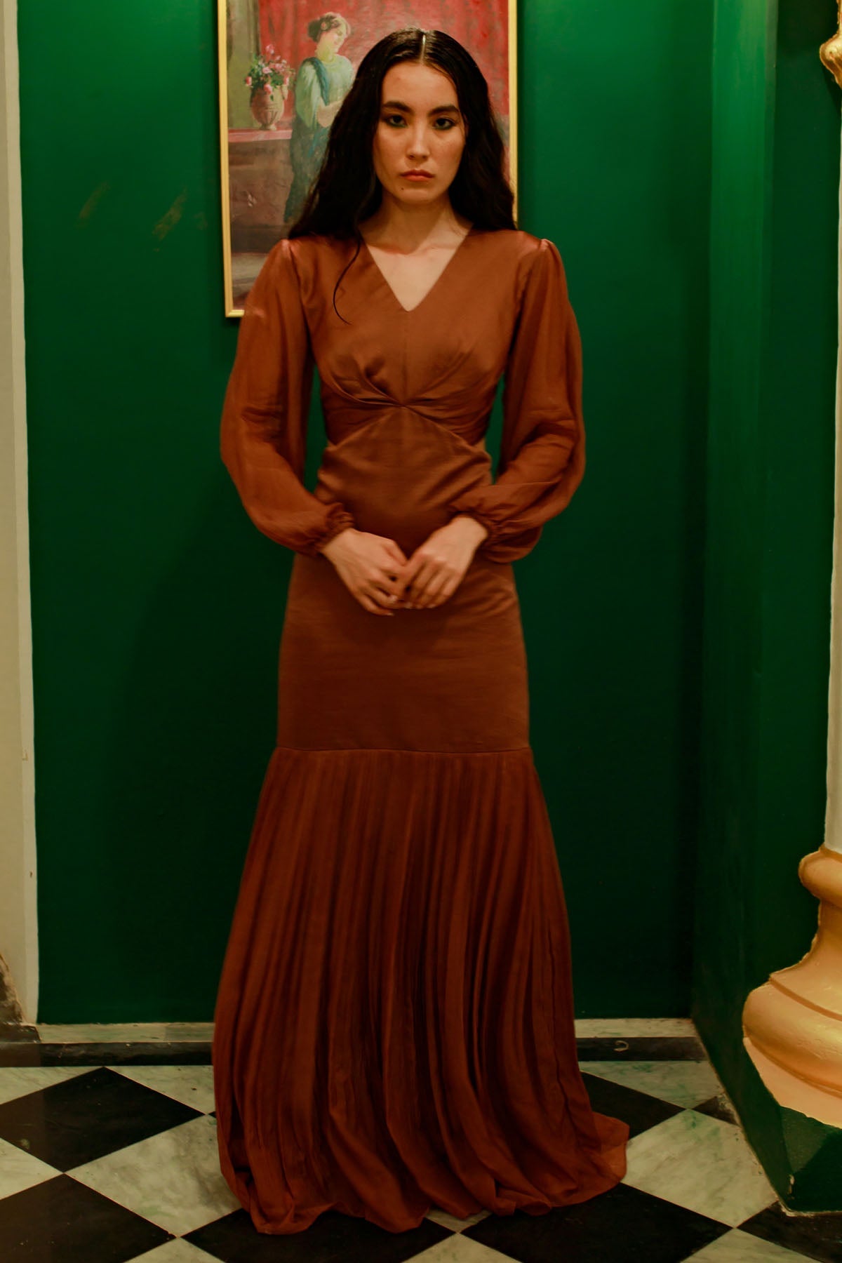 Pavone Brown V-Neck Waist Cutout Gown for women online at ScrollnShops