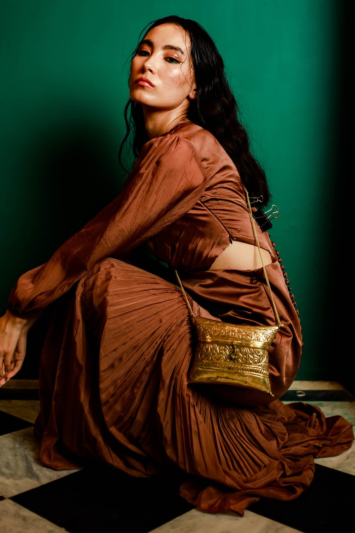 Brown V-Neck Waist Cutout Gown