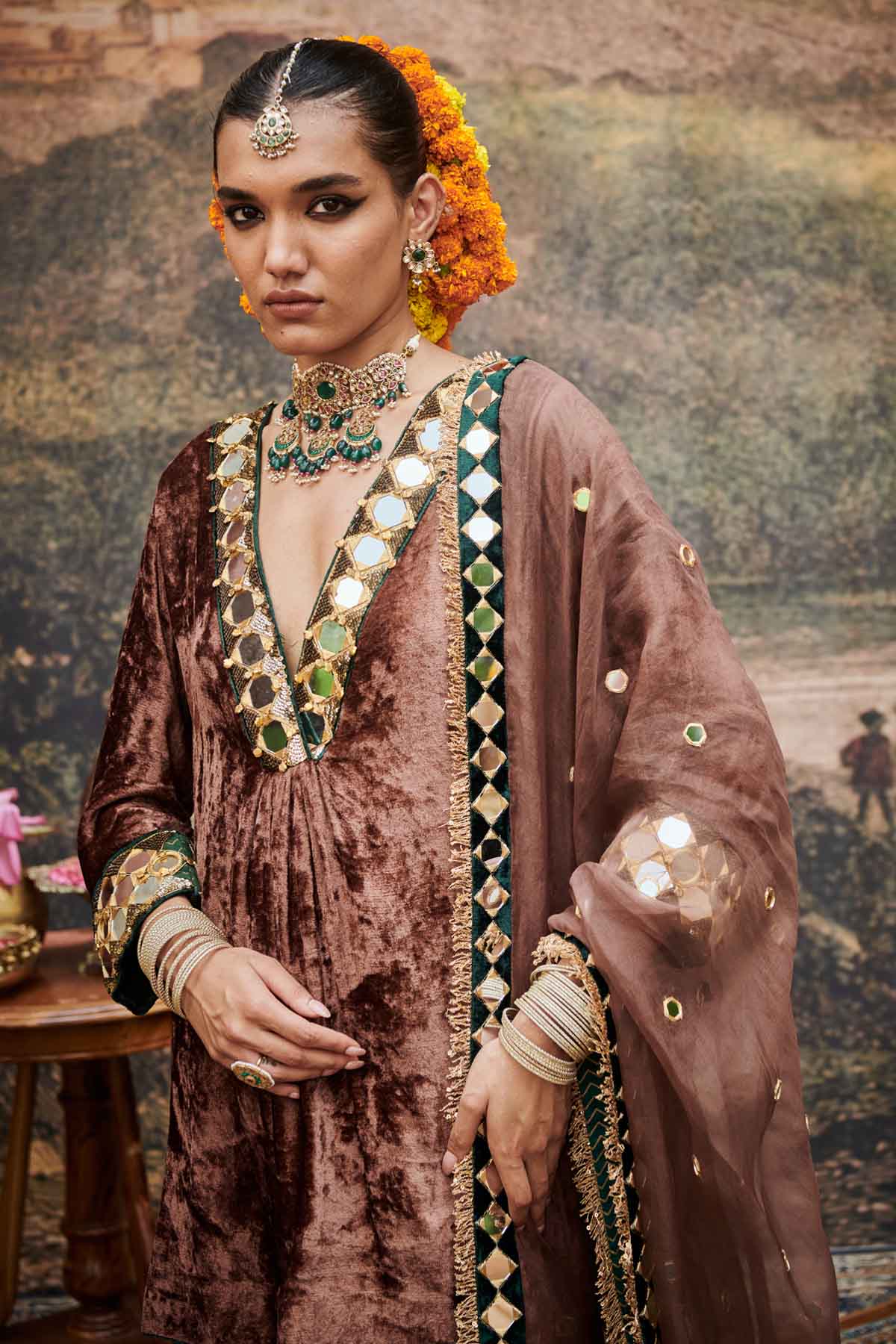 Brown Velvet V-Neck Kurta Set