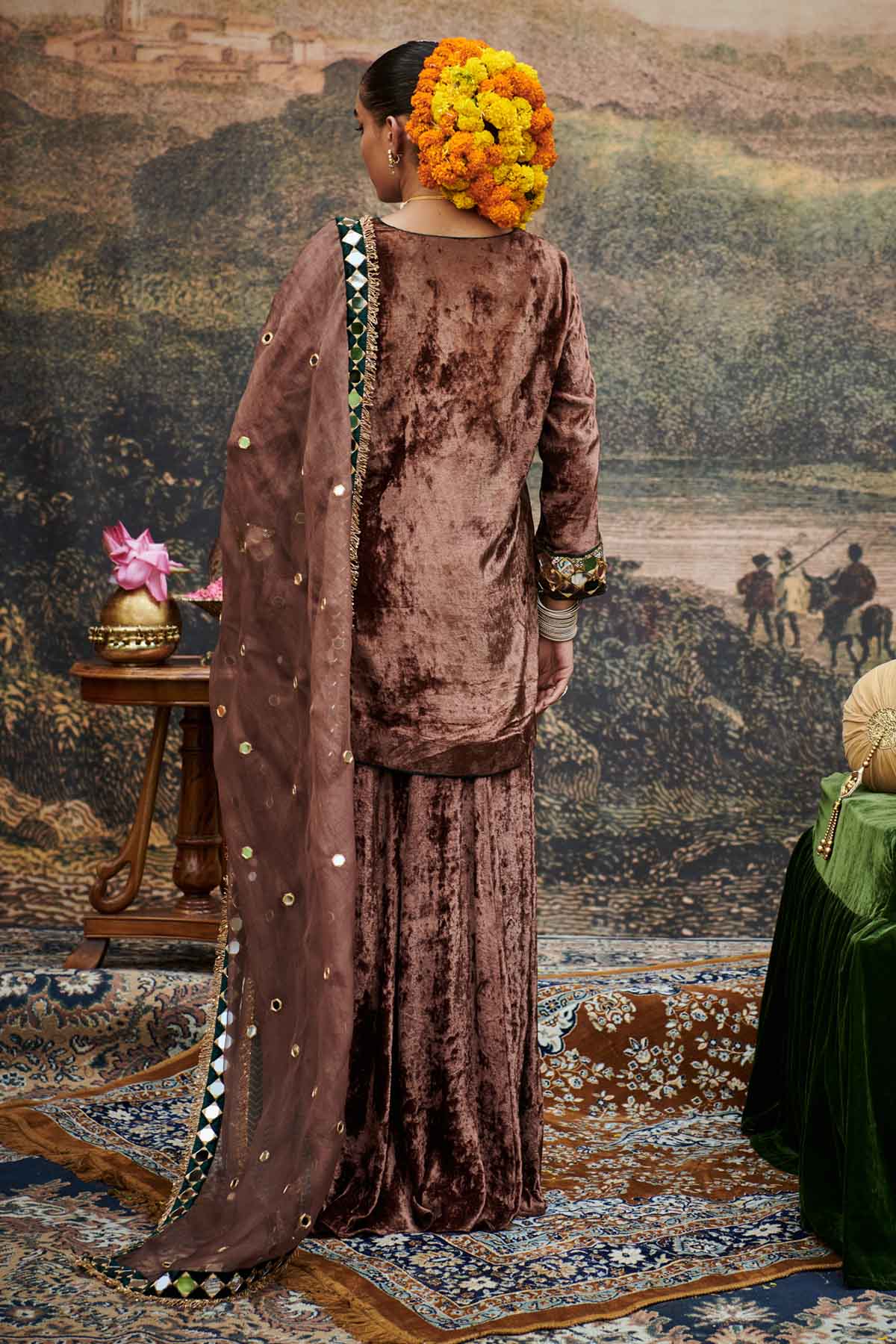 Brown Velvet V-Neck Kurta Set