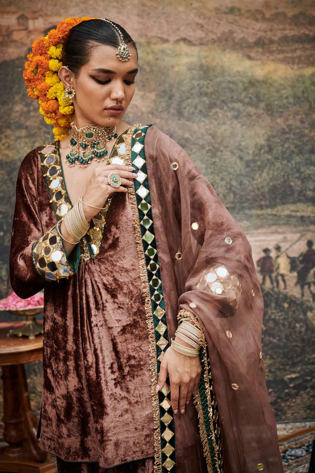 Brown Velvet V-Neck Kurta Set